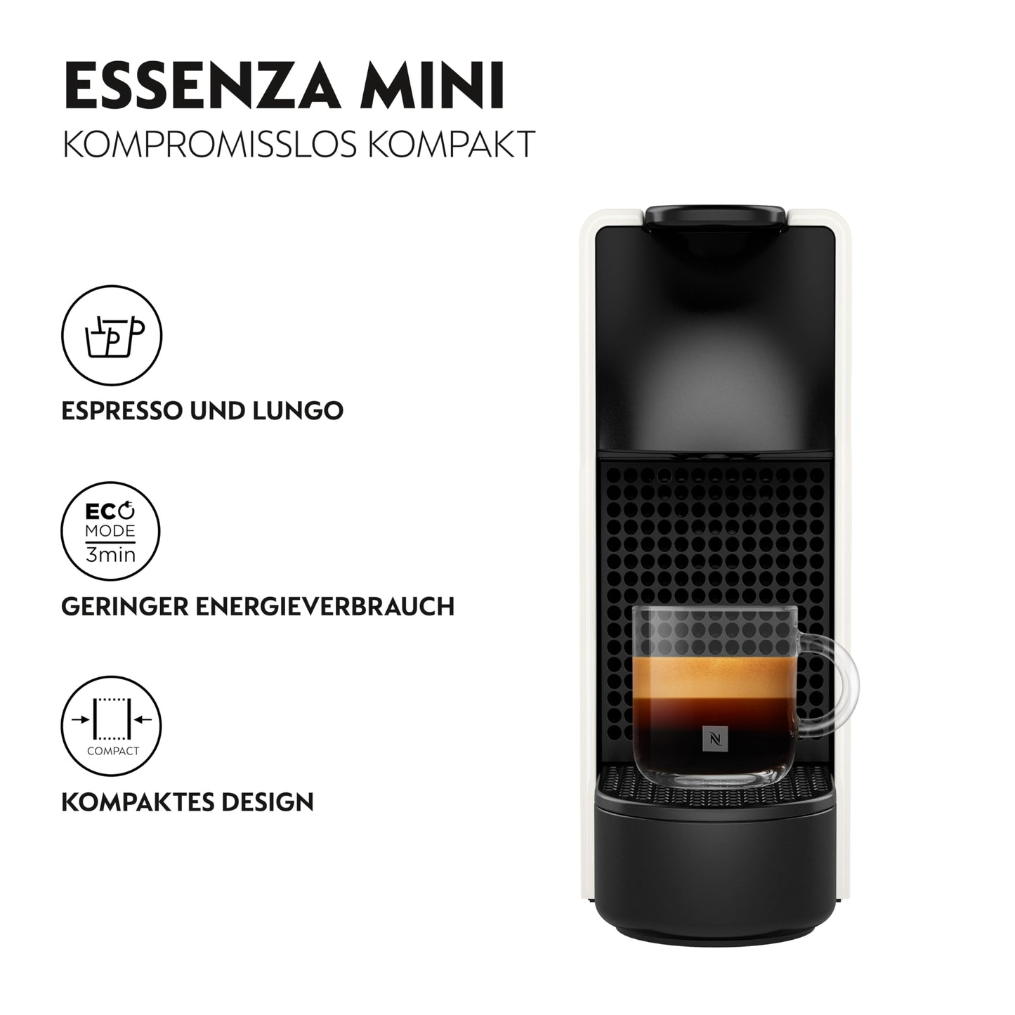 Nespresso Krups Essenza Mini coffee capsule machine - for espresso and lungo, 19 bar for full aroma, ultra-compact design in white, ideal for small kitchens, energy saving with auto-off, model XN1101 - XN1101PR5