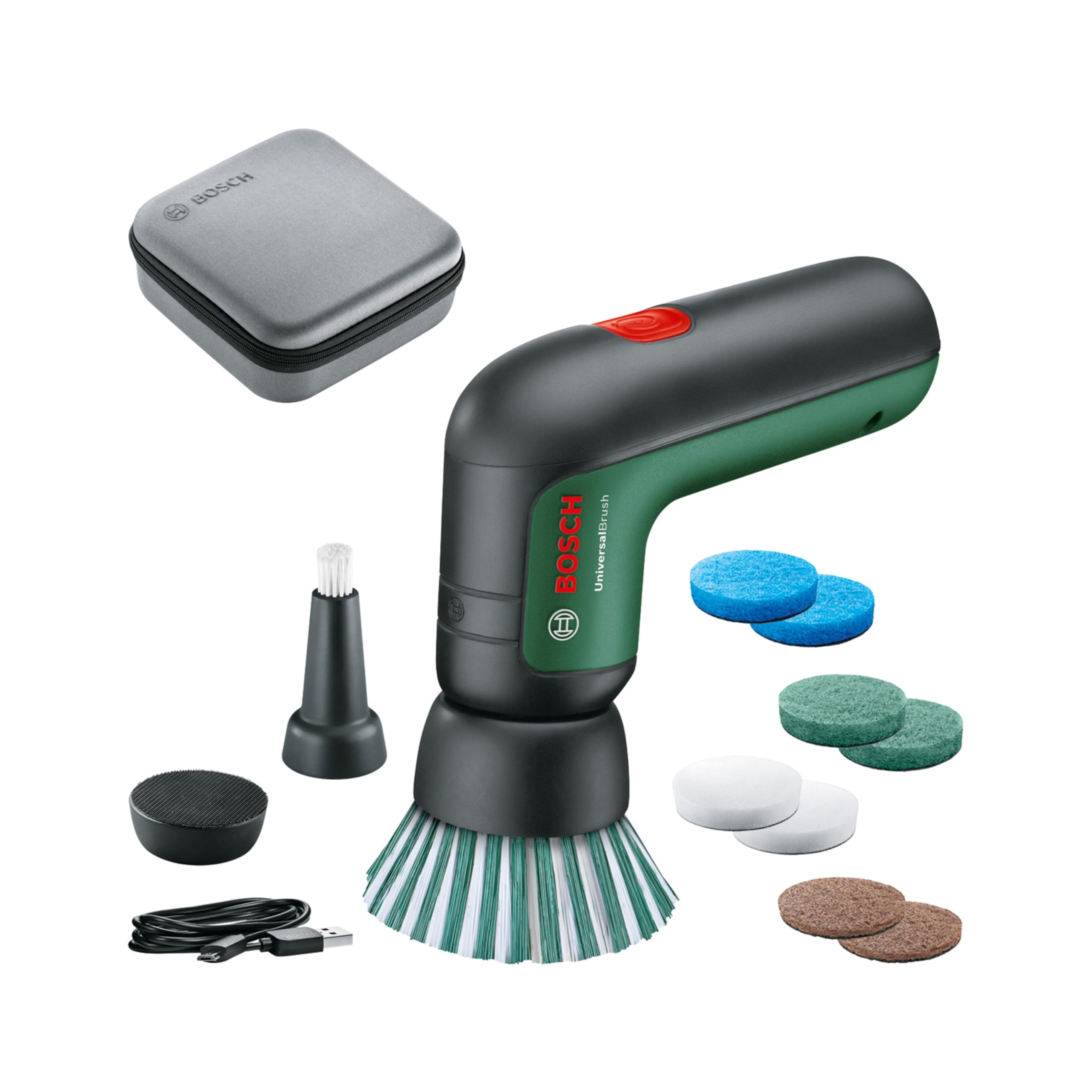 Bosch UniversalBrush electric cleaning brush set (for bathroom tiles, kitchen stoves, pans, pots and more; 10 cleaning attachments included; 3.6 V integrated battery; micro USB cable; in bag) - 06033E0002