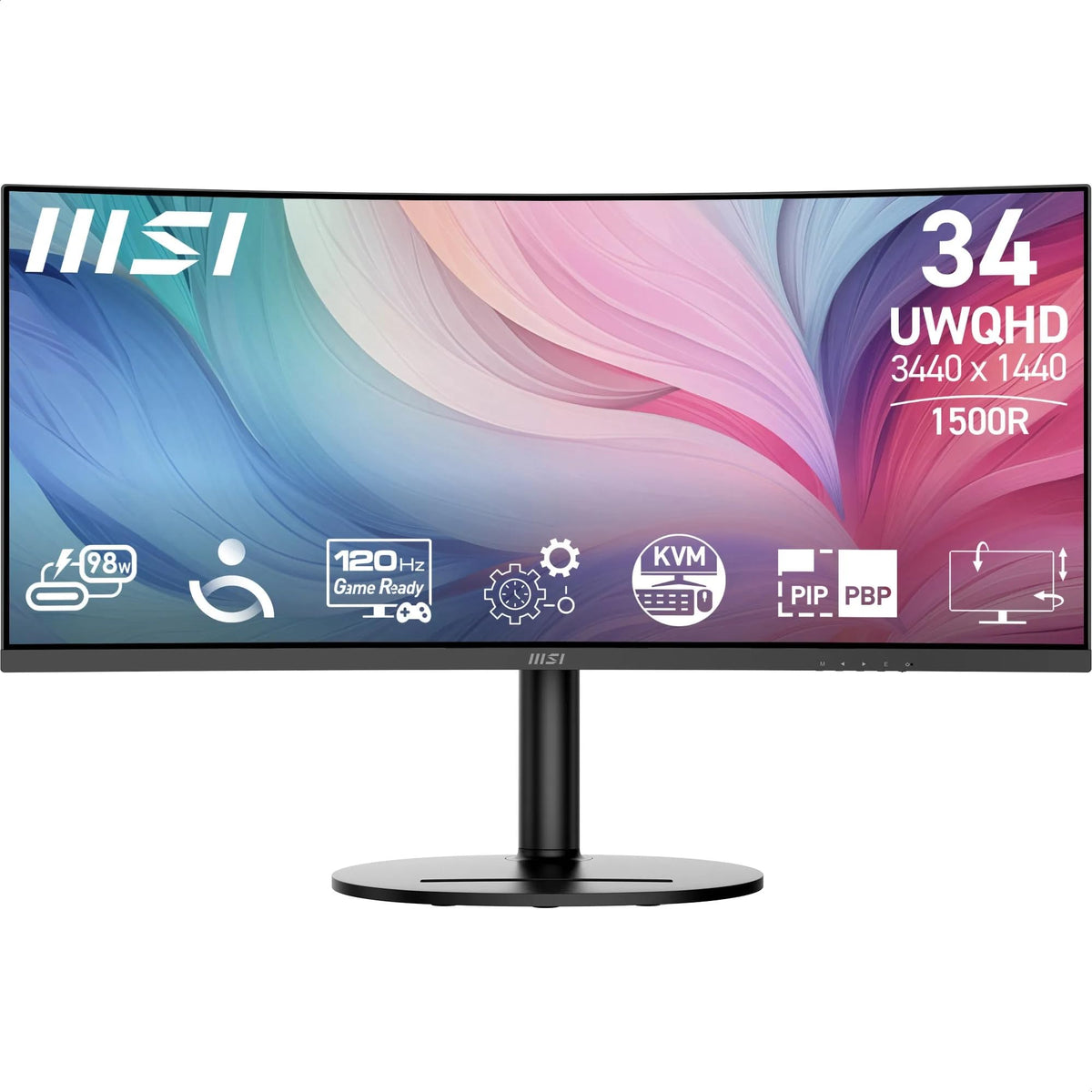 MSI Modern MD342CQP PC Monitor 34 Inch UWQHD Curved 1500R – VA Display 3440 x 1440, KVM, PiP/PBP, Wide Color Spectrum, Eye Comfort, Integrated Speakers, 3-Axis Adjustable – HDMI 2.0b, DP
