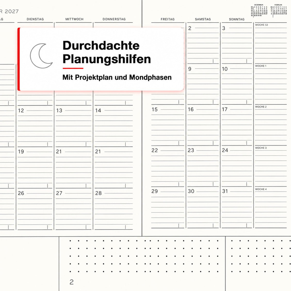LEUCHTTURM1917 planificator lunar cu caiet 2027 Compoziție (B5) - germană, negru, copertă moale, 16 luni (01.11.2026-28.02.2028), 132 pagini de note punctate cu cuprins - 400170