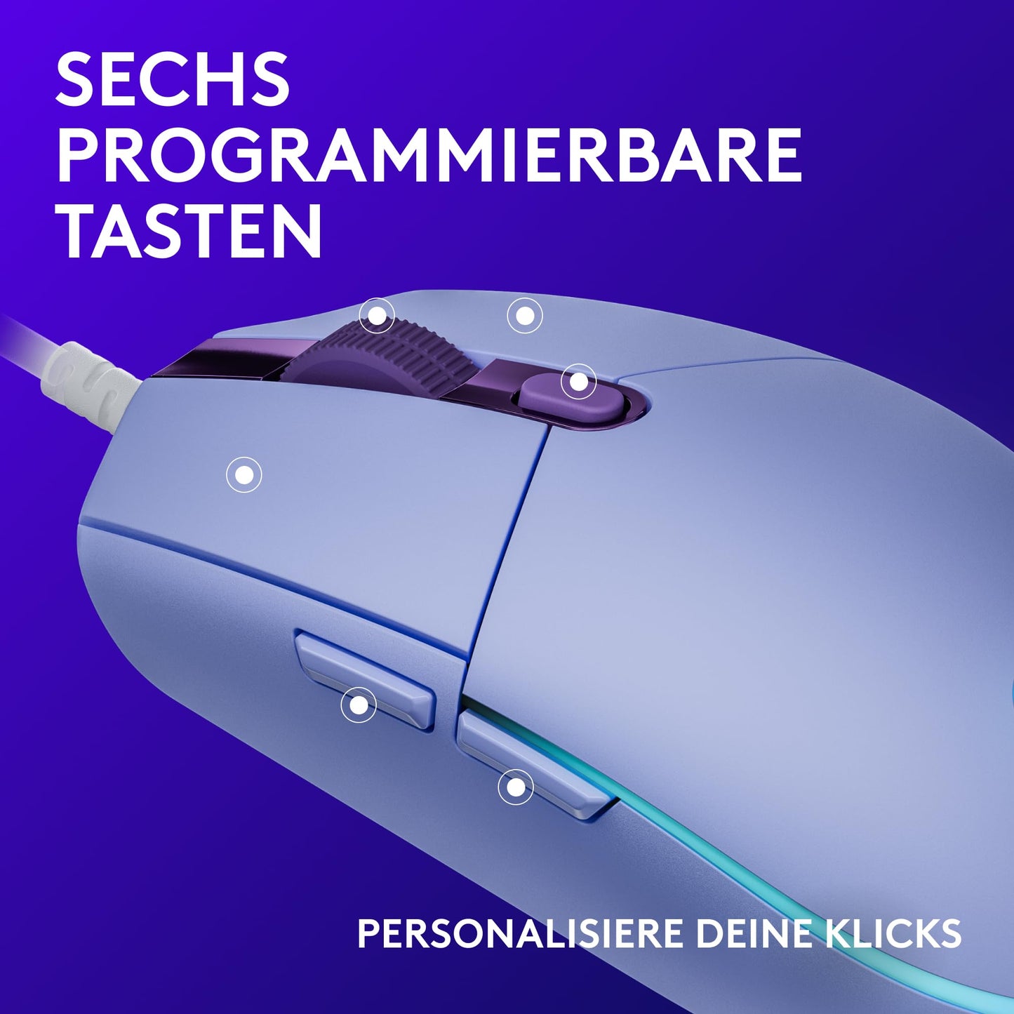 Logitech G203 gaming mouse with customizable LIGHTSYNC RGB lighting, 6 programmable buttons, gaming-ready sensor, 8,000 DPI tracking, light weight - purple - 910-005853