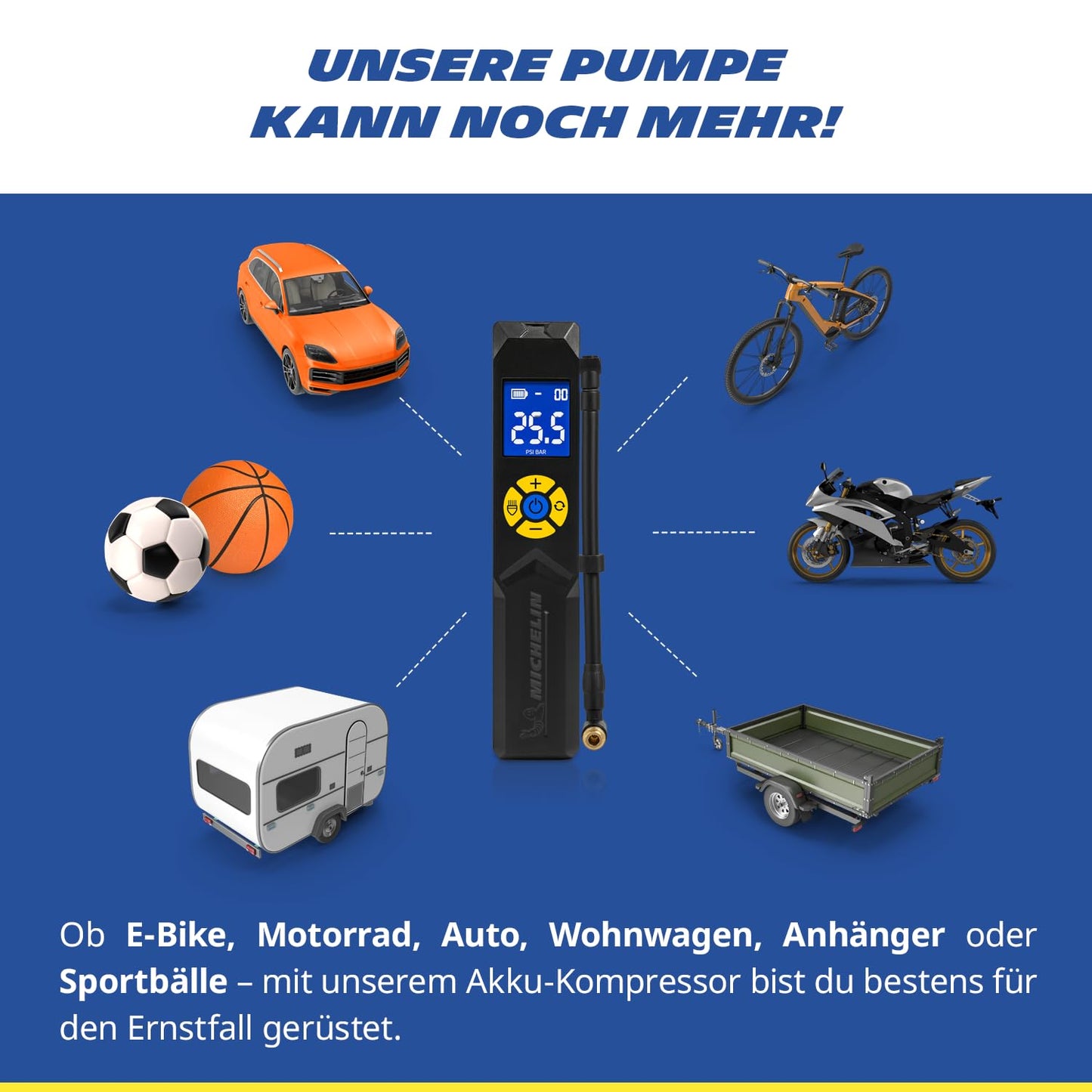 MICHELIN Air Power Mini 1 Li-ion battery mini compressor wireless - electric air pump 9.9 bar with digital display, auto stop & LED for cars, bicycles, e-bikes and motorcycles - 009528