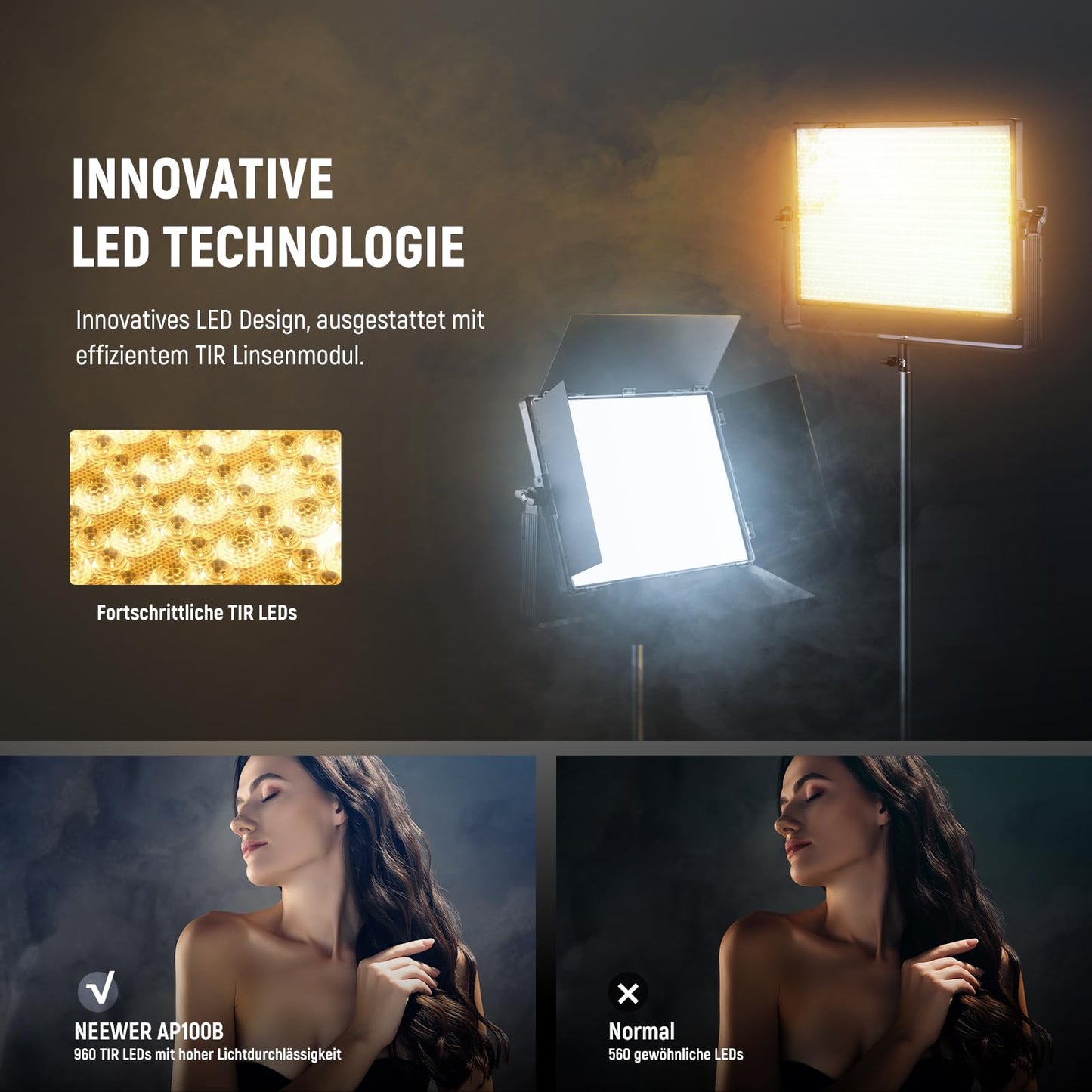 NEEWER LED video light panel, two-tone, 100W, 960 LED 38600Lux@0.5m, 2500K 8500K, CRI96+/TLCI97+, brightness 0-100%, control APP/2.4G/Panel/DMX for photo studio Pro, video scene lighting - AP100B