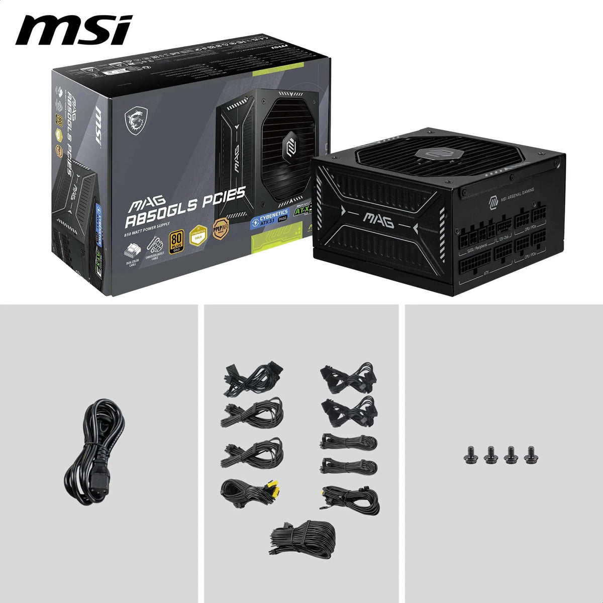 MSI MAG A850GLS PCIE5 Sursă, 850W, 80 Plus Gold, ATX 3.1, Suport GPU PCIe 5.1, 12V-2x6 nativ, Conector 12V-2x6 bicolor, Sursă ATX, Cablu modular - 306-7ZPIY11-CE0