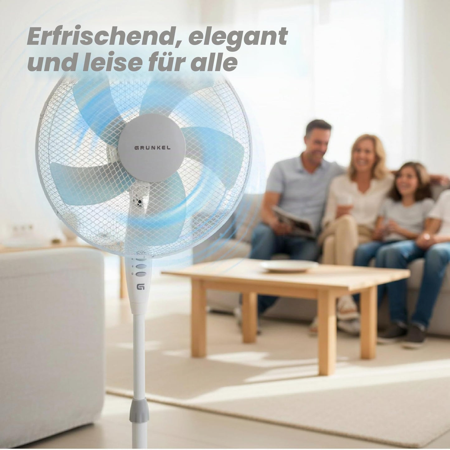 Grunkel - 16" pedestal fan with 3 speed levels and height adjustment - FAN-G165X - leaf base with 62 cm diameter and 3 semi-transparent blades - 50 W - white - FAN-165XNG
