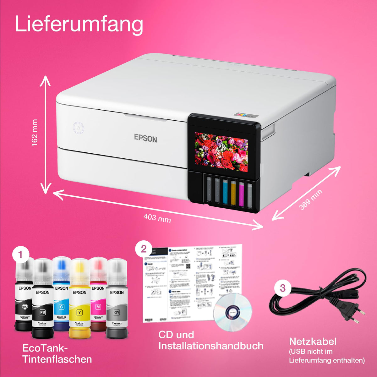 Epson EcoTank ET-8500 Ink Tank Printer | Photo Printing | 6-Color Ink System | WiFi | A4 | Print, Copy, Scan | 10.9 cm Touchscreen | Duplex Printing | Rear Paper Feed - C11CJ20401