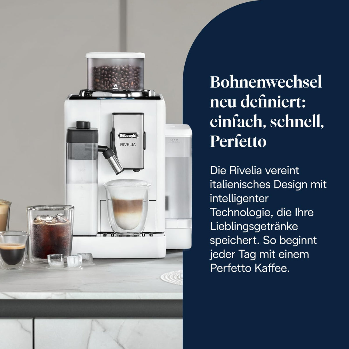 De'Longhi Rivelia - aparat de cafea complet automat 16 băuturi alb - EXAM440.55.W