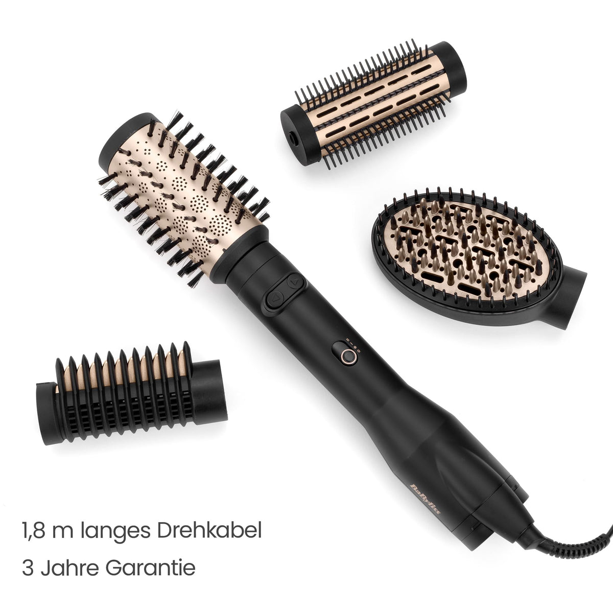 BaByliss Big Hair Luxe Perie rotativă cu aer cald, perie de uscare cu 4 accesorii pentru îndreptare, periere și volum, perie de uscare luxoasă pentru strălucire și netezire, câștigătoare a testelor, AS970E