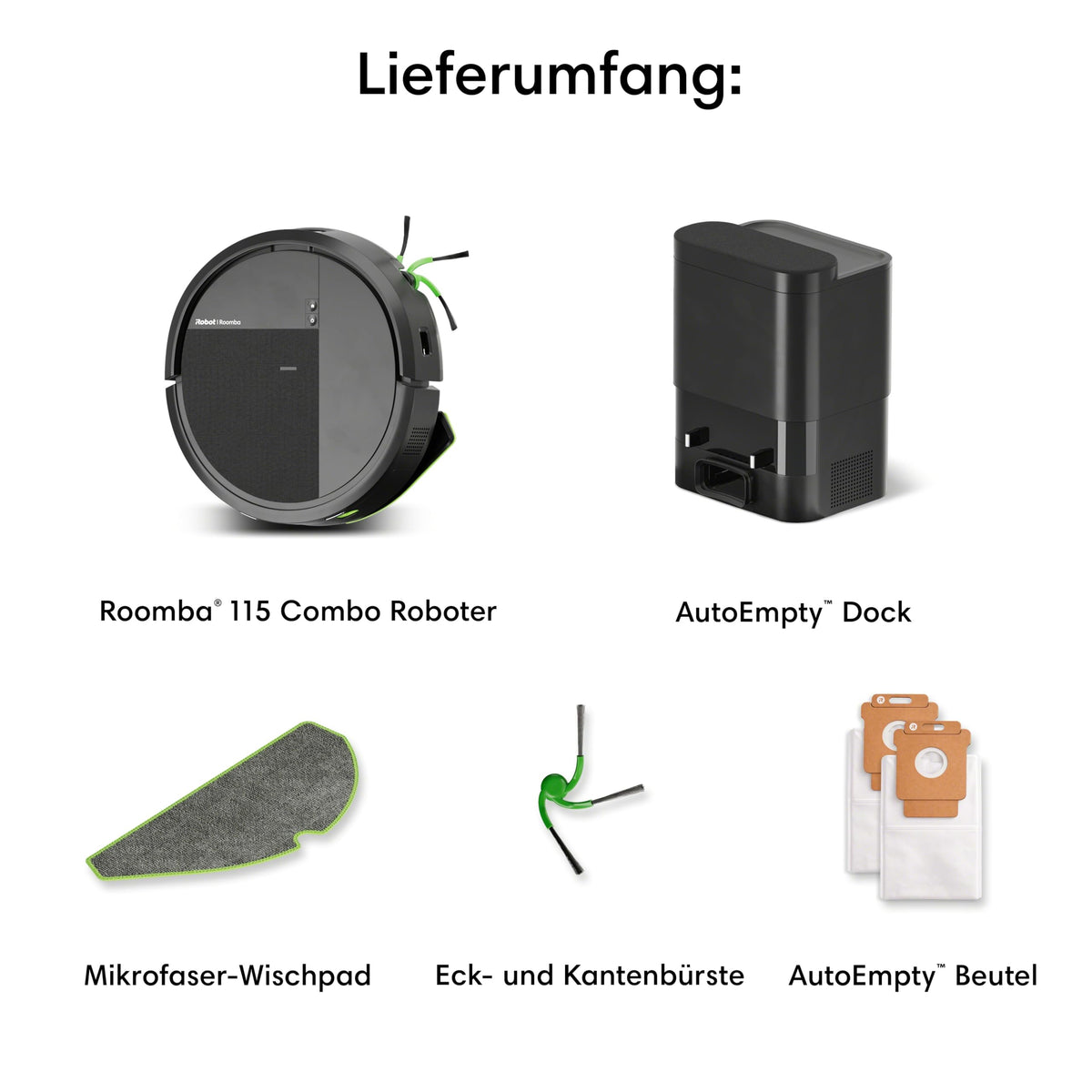iRobot Roomba® 115 Combo Vacuum and Mopping Robot + AutoEmpty™ Dock, 15k Pa suction power, brushes and mopping pad included, navigation with Clearview™ LiDAR, Black - Y454040