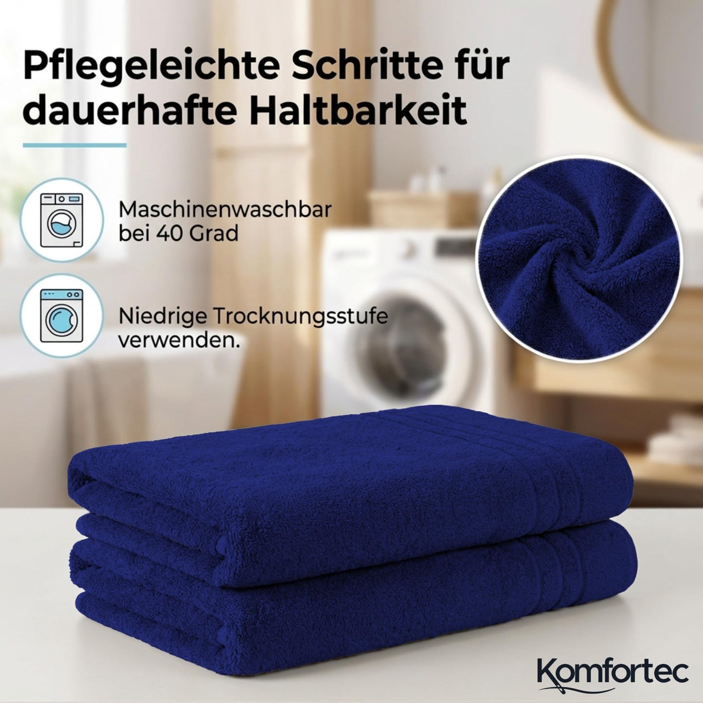 Komfortec 2 sauna towel set 80x200 cm, large sauna towels made of 100% cotton, sauna towels, fluffy and absorbent, quick-drying, navy blue - Blu