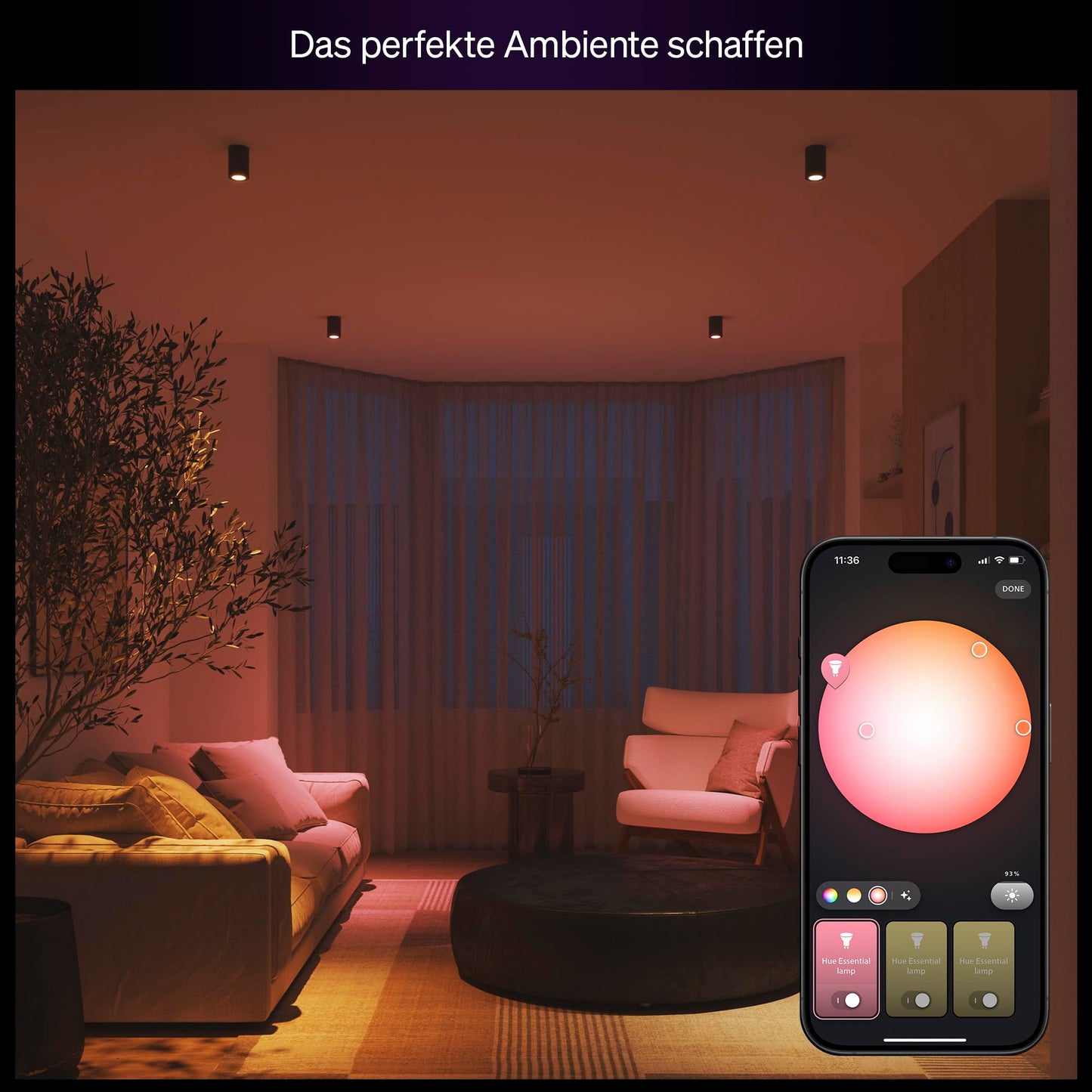 Philips Hue Essential Smart LED GU10 Spotlight, white and color, 345 lm energy-saving lamps, dimmable, LED bulbs compatible with Alexa, Google Assistant and Apple Home, pack of 4 - 929004235703