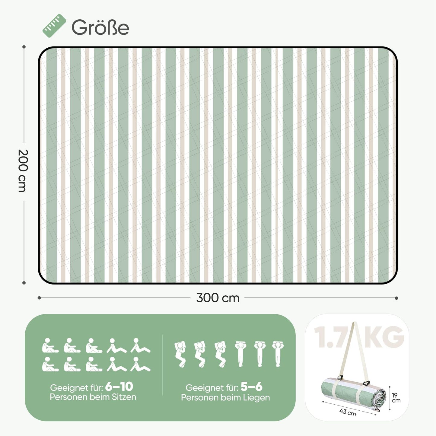 Sekey picnic blanket, waterproof, 200 x 300 cm, beach blanket, sand-free Padded, three-layer structure, PEVA waterproof base, tie strap carry strap, suitable for picnic, camping, beach - PM26
