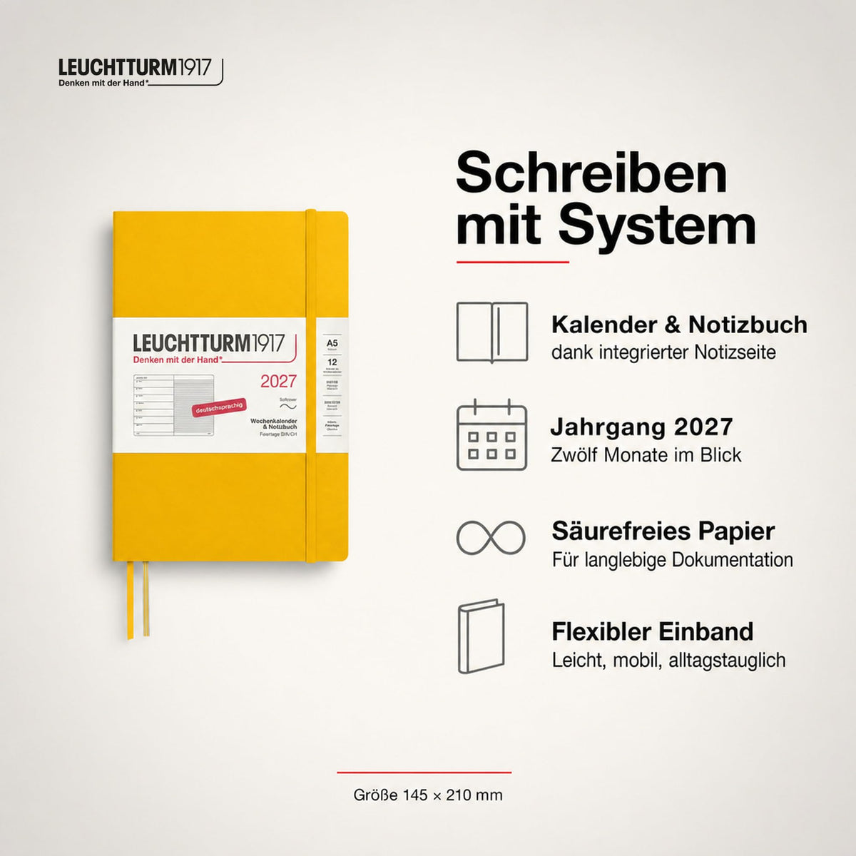 LEUCHTTURM1917 Calendar săptămânal 2027 mediu (A5) cu carnet - Jurnal german, floarea soarelui, copertă moale, ianuarie-decembrie 2027, prezentare generală săptămânală în stânga + pagină cu note în dreapta - 400070