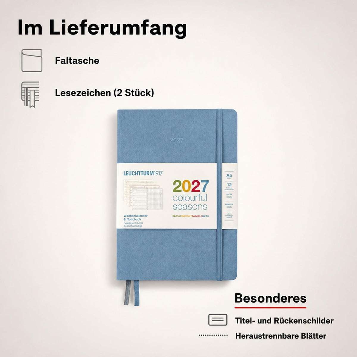 LEUCHTTURM1917 Calendar săptămânal și caiet cu puncte medie (A5) 2027, anotimpuri colorate albastru, engleză, cartonat, prezentare generală calendar 2026/2027/2028, prezentare generală a planificării 01.27-12.28, planificator de proiecte - 400371