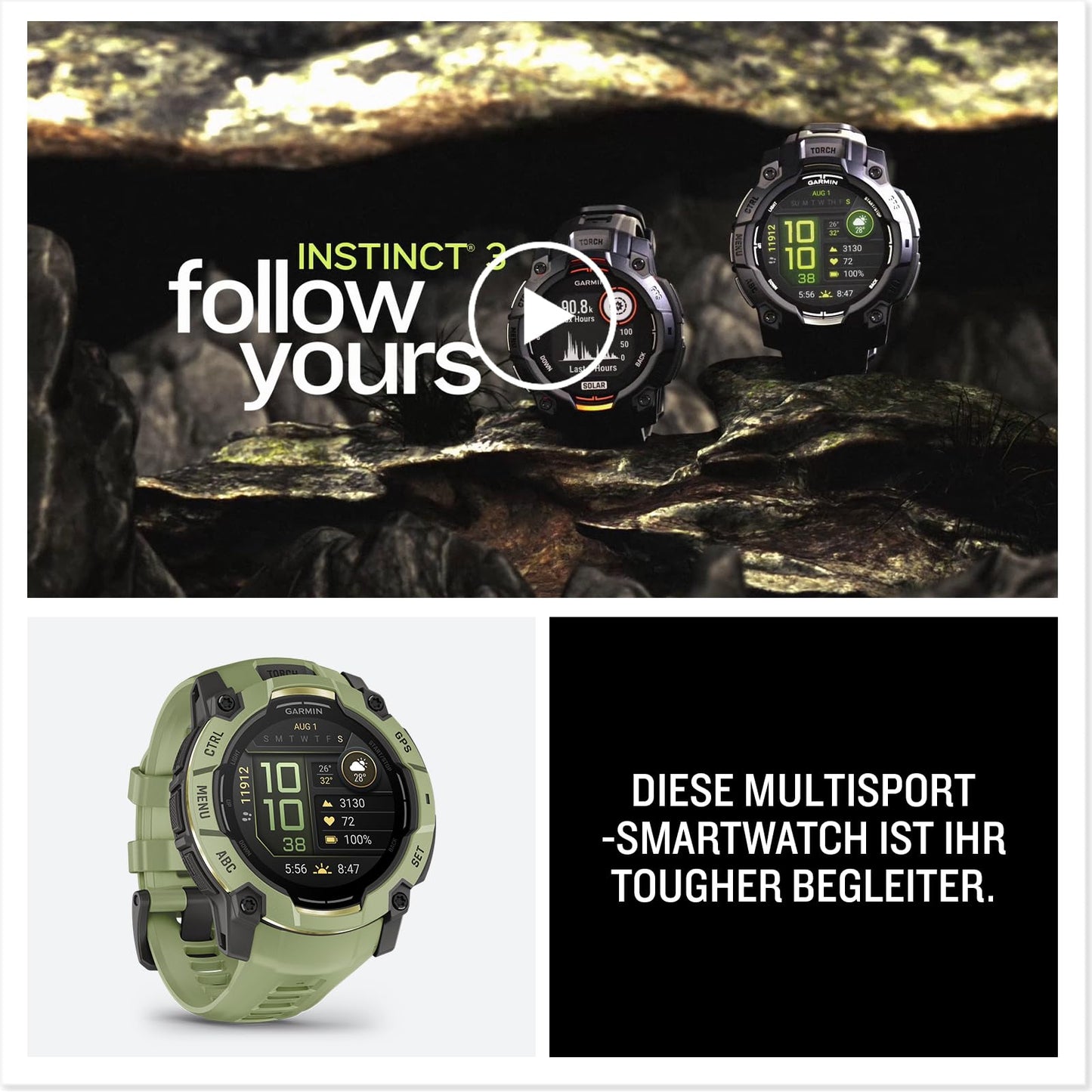 Garmin Instinct 3 50mm AMOLED - GPS multisport smartwatch, 1.3" display, up to 24 days battery life, 80+ sports apps, navigation function, smart features, LED flashlight, waterproof - 010-03020-02