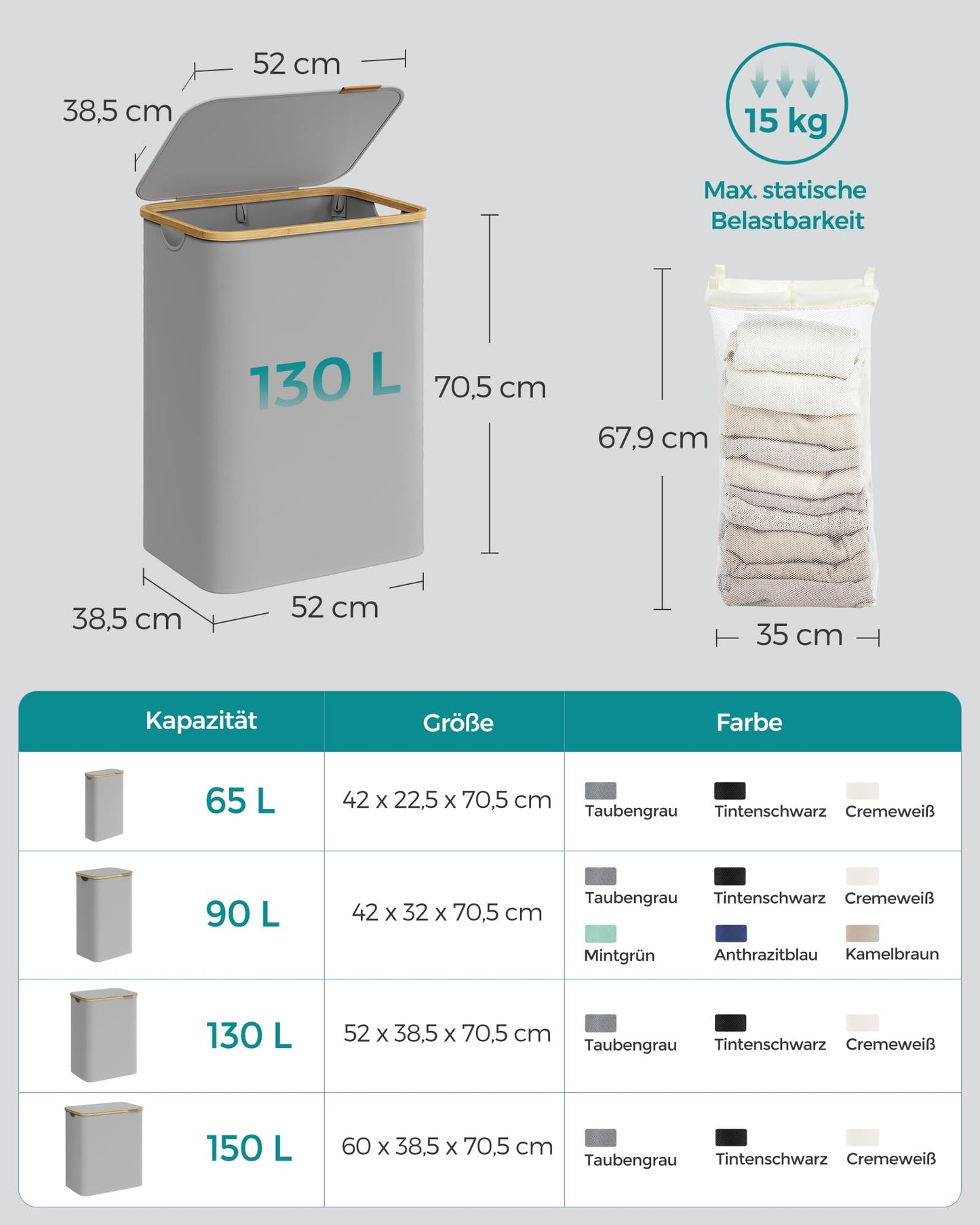 SONGMICS 130L Oxford Fabric Laundry Basket with Lid with 2 Compartments - LCB513G01V1