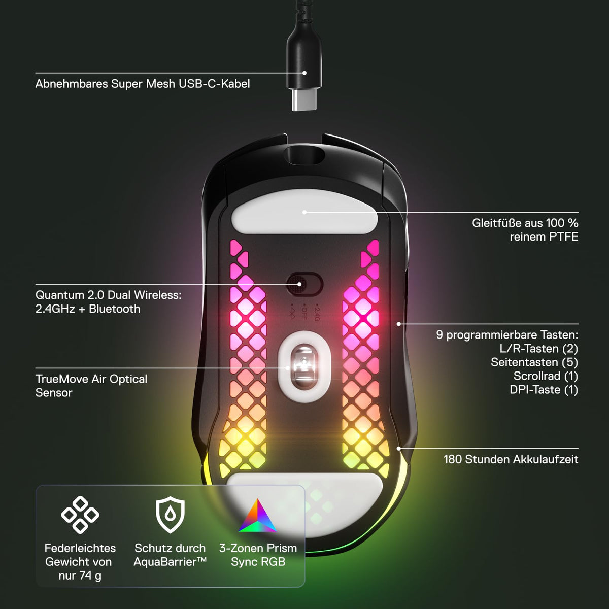 SteelSeries Aerox 5 Wireless – RGB gaming mouse with surface openings – Ultra-lightweight, water-resistant design – 9 buttons – Bluetooth/2.4 GHz – Optical TrueMove Air sensor with 18,000 DPI - 62406