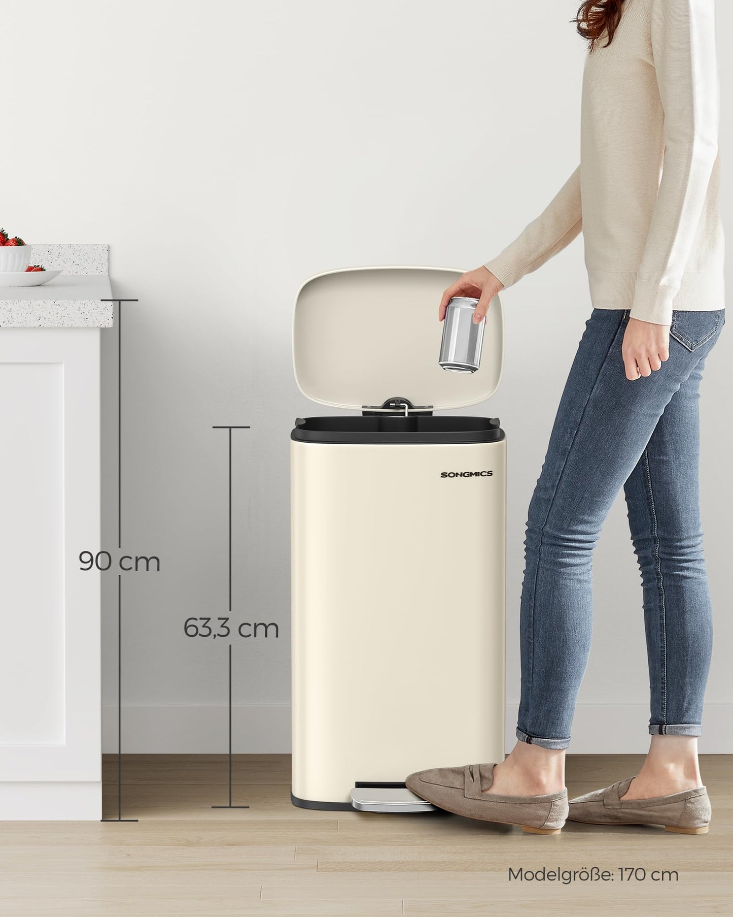 SONGMICS kitchen rubbish bin, 30 liters, waste bin, pedal bin, with lid, soft close, foot pedal, steel, inner bin, sand beige LTB03A02