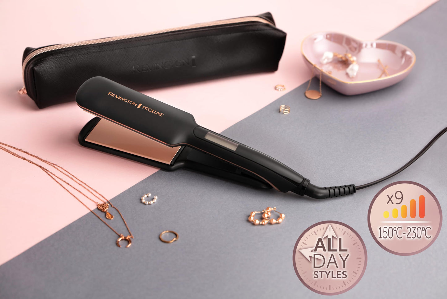 Remington straightening iron [extra wide ceramic styling plates 110 x 50mm] Proluxe (OPTIheat technology, Pro+ setting for gentle styling, digital display, quick heating) hair straightener S9150B