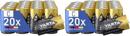 Baterii VARTA C Baby, 20 bucăți, Power on Demand, alcaline, pachet de rezervă, inteligente, flexibile, puternice, ideale pentru accesorii de computer, dispozitive Smart Home (pachet cu 2) - 401