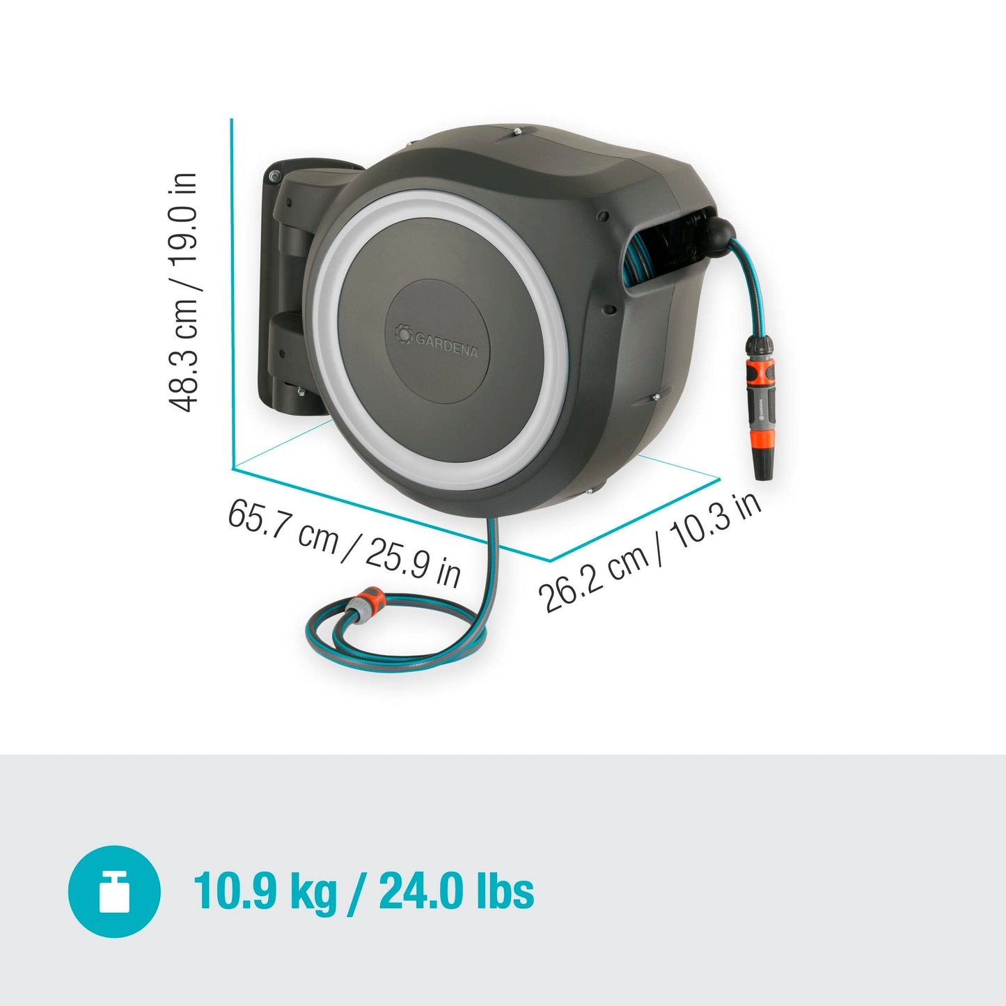 Gardena wall hose box RollUp M/L (white) 25 m: flexible irrigation for medium to large gardens, swiveling hose box, incl. 25 m Gardena quality hose and assembly aid (18622-20) - 18622-60