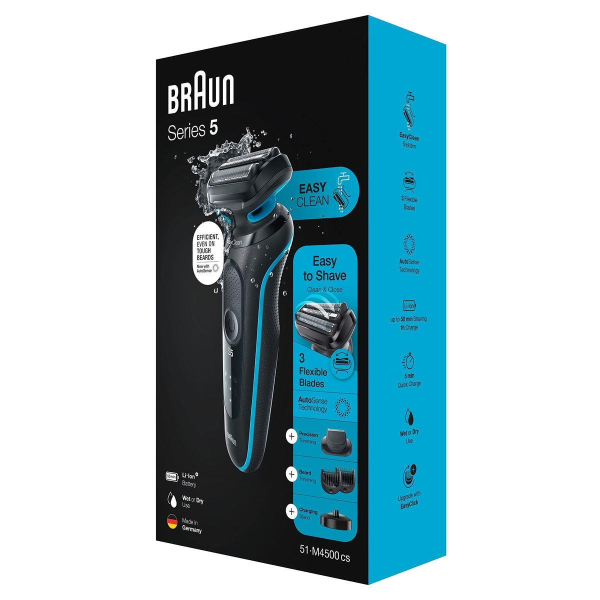 Braun Series 5 Electric Shaver for Men, Electric Razor with EasyClick Beard Trimmer Attachment, Charging Station, EasyClean Shaver, Dry Shaver, Waterproof, Made in Germany, 51-M4500cs, Mint Green