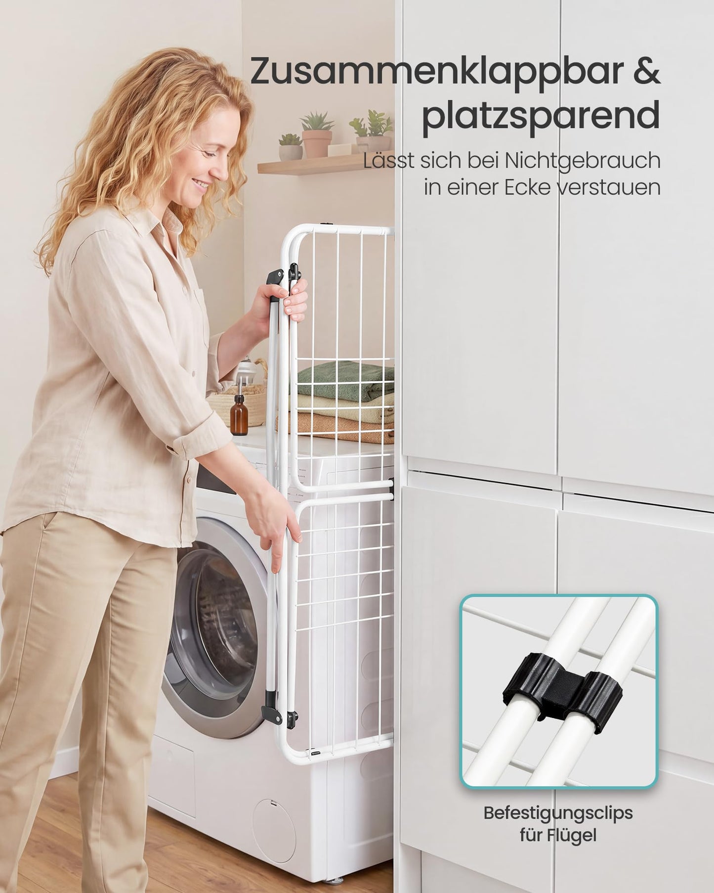 SONGMICS clothes airer, stand dryer 47 x 150 x 91 cm, wing clothes airer, wing clothes dryer space-saving, metal, for clothes, towels, white LLR520WK01