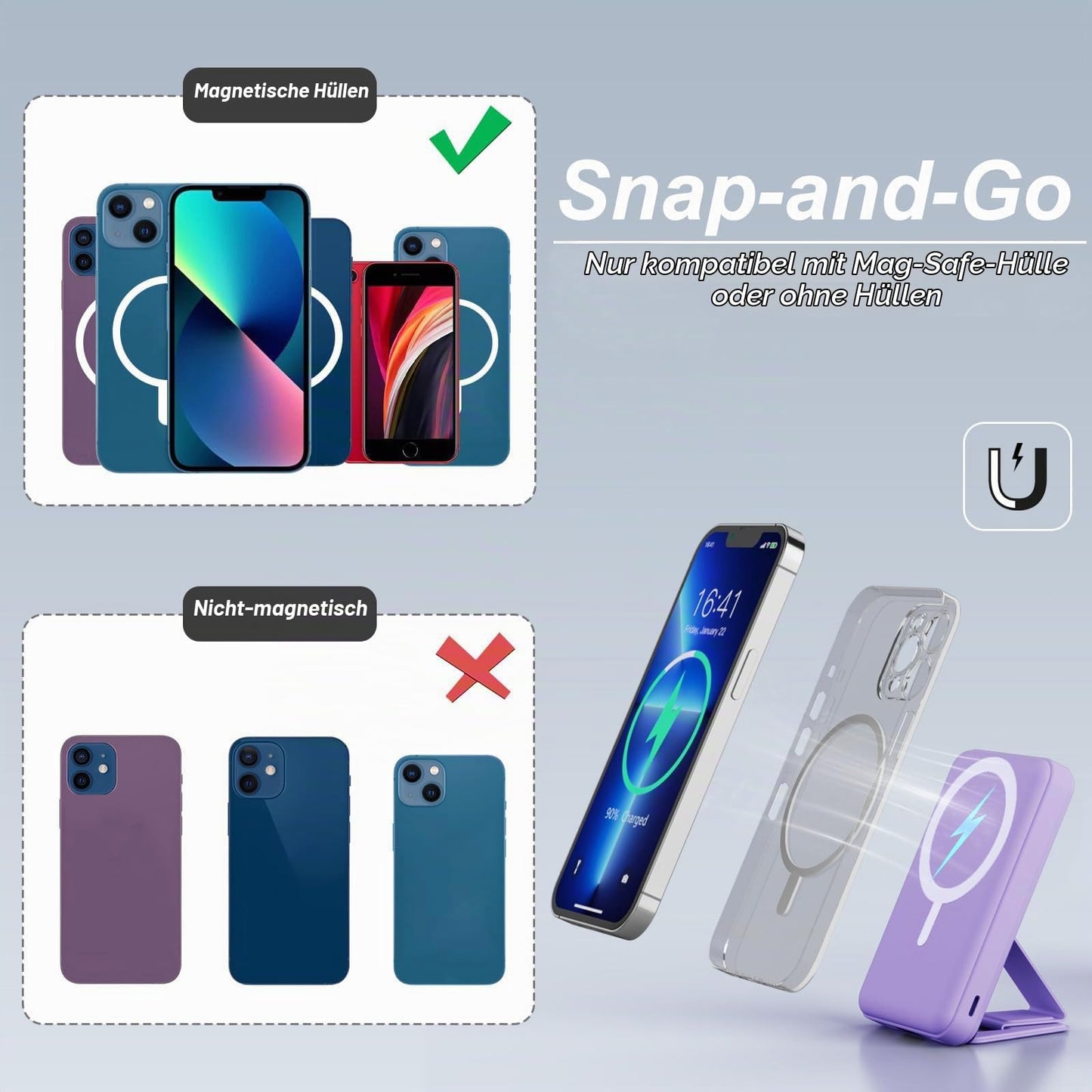 AOGUERBE Wireless Power Bank, 10,000mAh Foldable Magnetic Power Bank PD 22.5W Fast Charging with LED Display, Compatible with MagSafe for iPhone 17/16/15/14/13/12/Pro/Pro Max Series. (light violet) - KT-D009