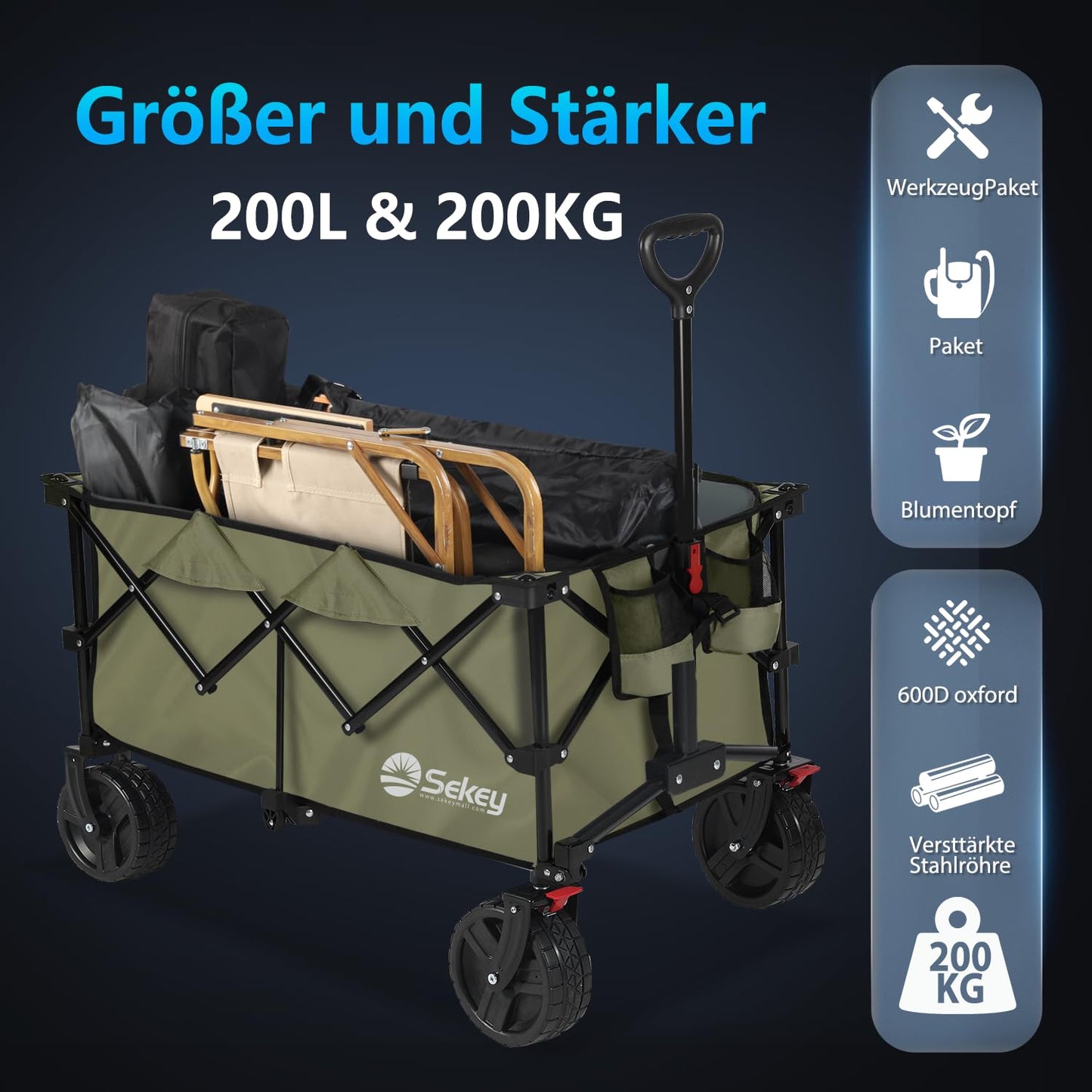 Sekey XXL Plus handcart foldable with brakes 200L 200KG load capacity, extra wide tires all terrain handcart, patented foldable from four directions, - FW27