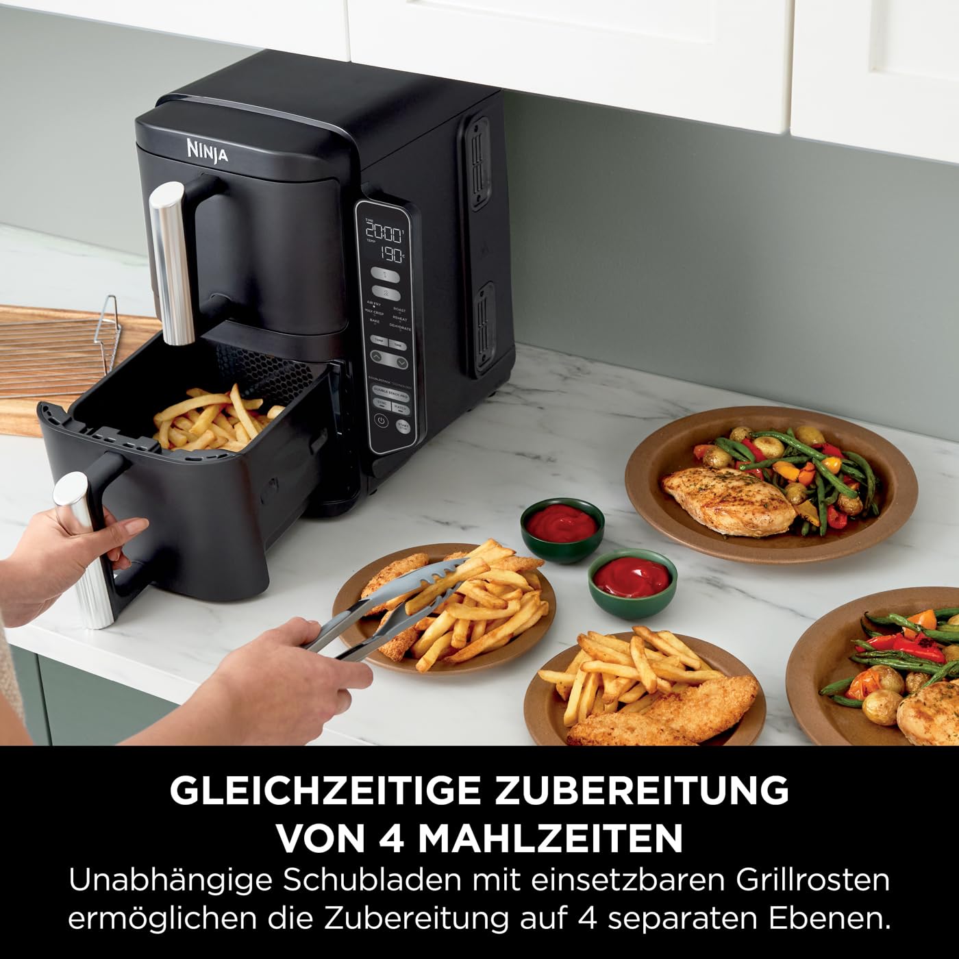 Ninja Double Stack Hot Air Fryer, 7.6L Digital Air Fryer Double Basket with 4 Cooking Levels, 2 Drawers, 2 Racks, Space Saving Design, 6 Cooking Functions, 6 Servings, Black SL300EU - SL300UK