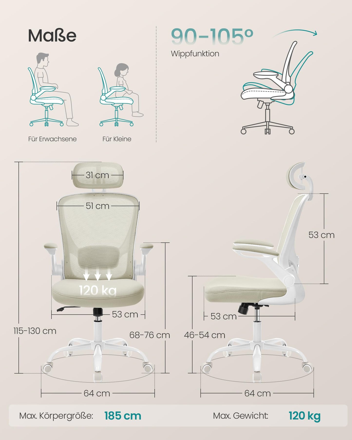 SONGMICS ergonomic office chair, swivel chair with mesh, lumbar and headrest, rocker function, 53 cm seat, folding armrests, study and bedroom, students, cappuccino beige OBN047K01
