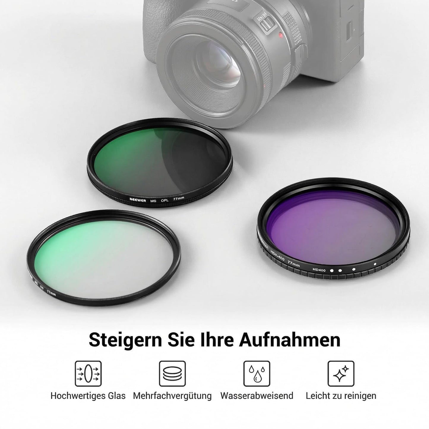 NEEWER 77mm variable ND + CPL + UV filter set, pack of 3, multi-coated gray filter (ND2-400) circular polarization filter camera lens polarizing filter, photo accessories with carrying case lens caps - NW
