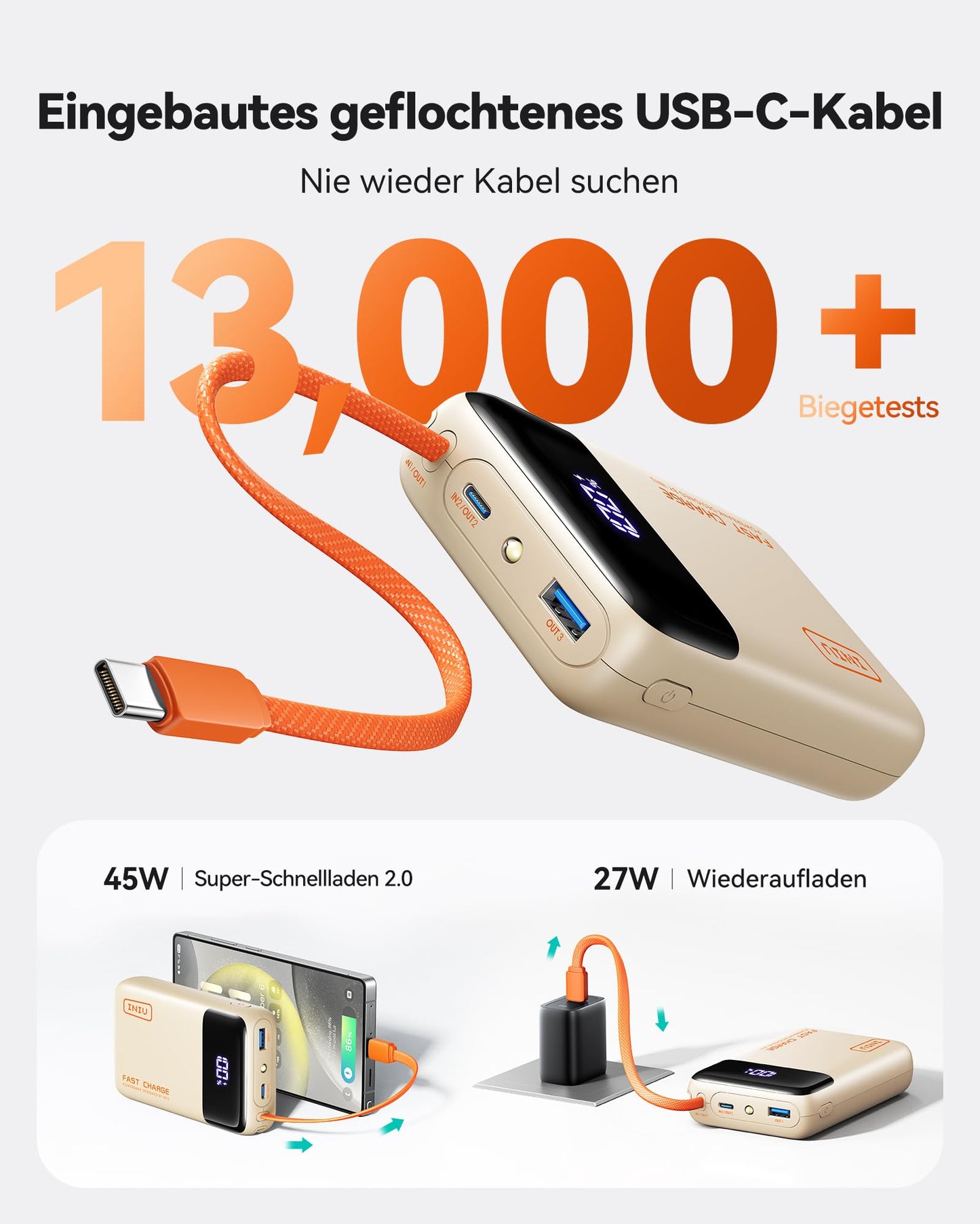 INIU 45W Power Bank, Ultra Small 20000mAh Power Bank with Integrated USB C Cable, Fast Charging External Mobile Phone Batteries, Suitable for Flight, Travel Essential for Emergencies, Power Outages, iPhone 17 16, Beige - P51L