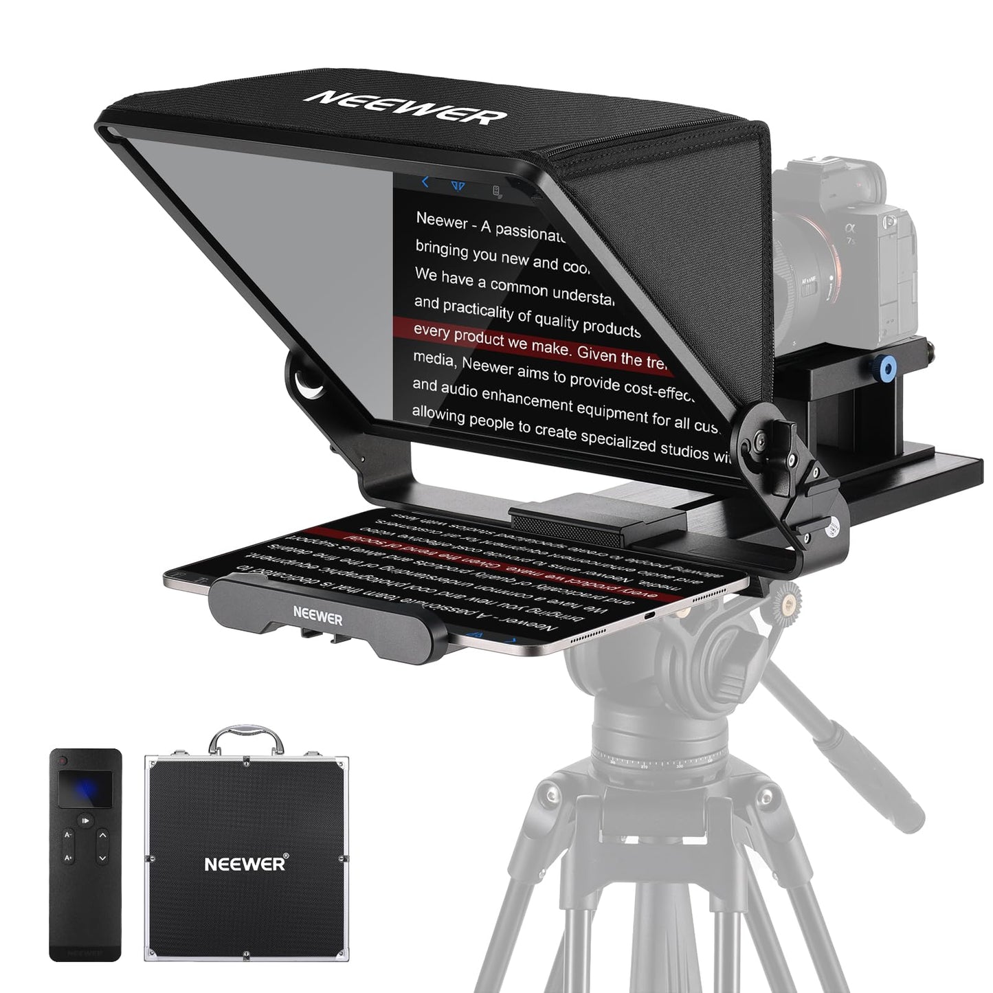 NEEWER Teleprompter X14 III with RT113 remote/app control, 45° tilt 14" beam splitter metal frame camera mount QR plate compatible with 501PL compatible with iPhone iPad DSLR no assembly