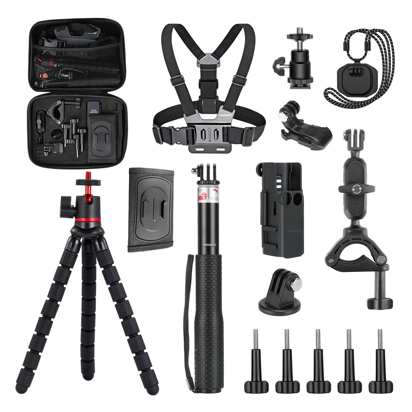 NEEWER Basics 16 in 1 Accessory Set Compatible with DJI OSMO Pocket 3, Mini Tripod Selfie Stick Chest Strap Magnetic Neck Attachment Extension Adapter Mountaineering Cycling Dual Cam Vlog, GP-52 - 10105863