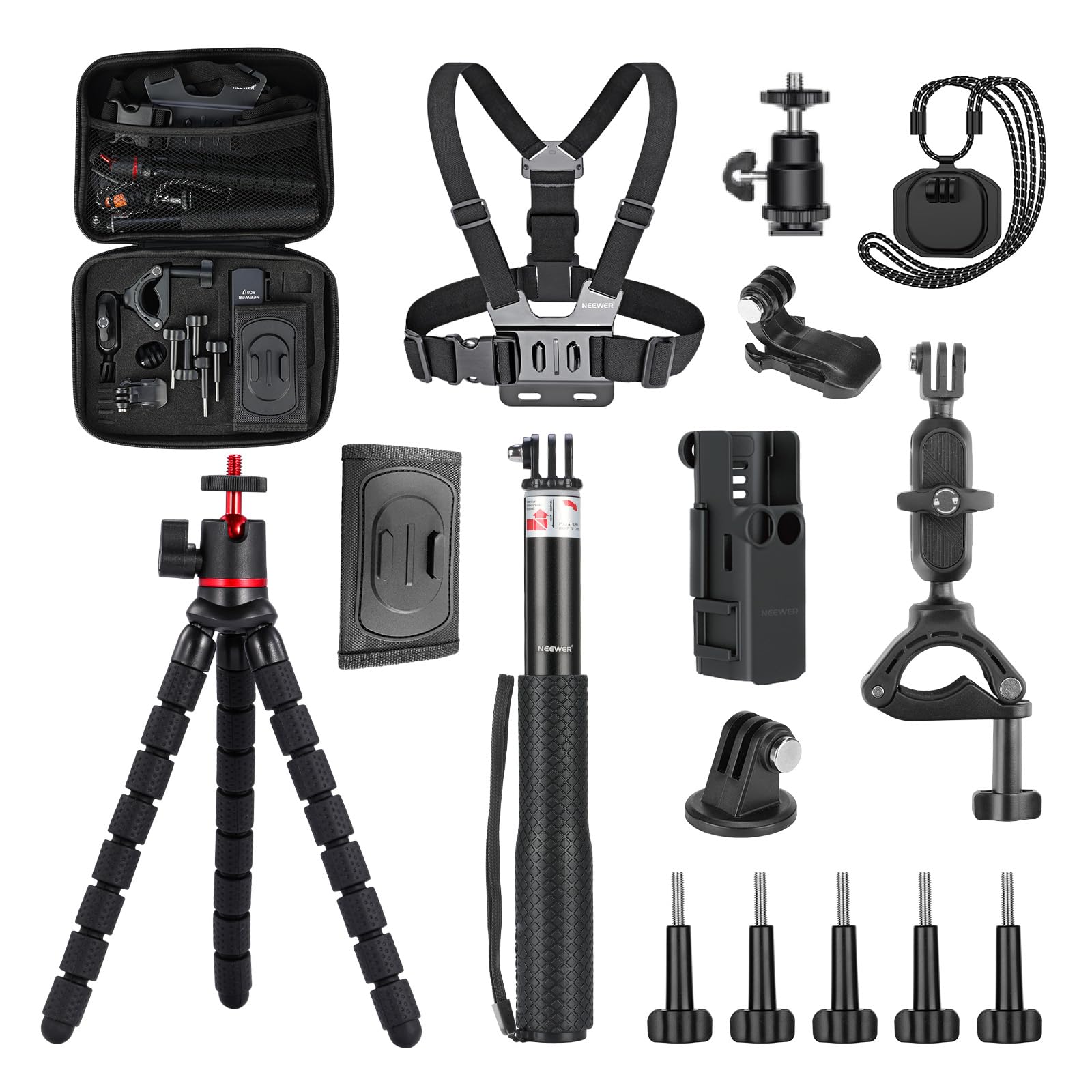 NEEWER Basics 16 in 1 Accessory Set Compatible with DJI OSMO Pocket 3, Mini Tripod Selfie Stick Chest Strap Magnetic Neck Attachment Extension Adapter Mountaineering Cycling Dual Cam Vlog, GP-52 - 10105863