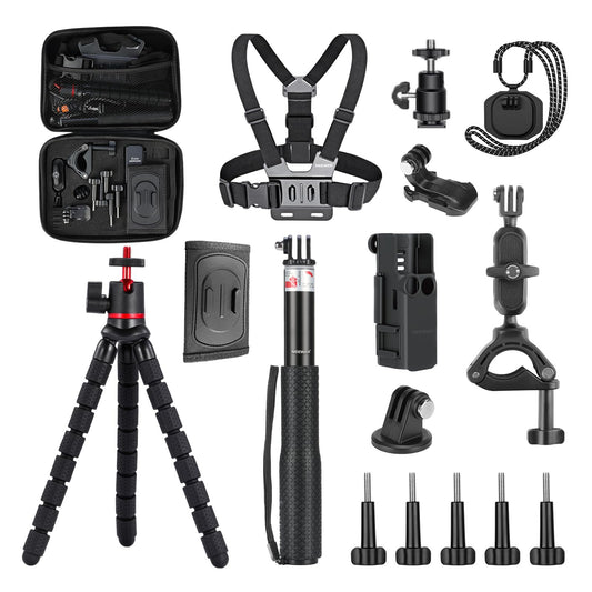 NEEWER Basics 16 in 1 Accessory Set Compatible with DJI OSMO Pocket 3, Mini Tripod Selfie Stick Chest Strap Magnetic Neck Attachment Extension Adapter Mountaineering Cycling Dual Cam Vlog, GP-52 - 10105863