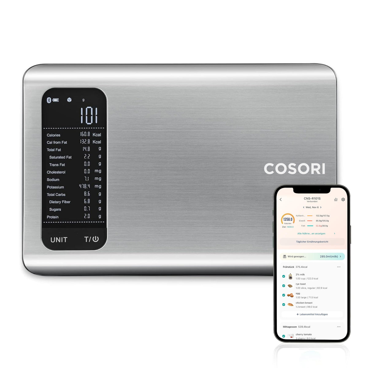 Cosori Stainless Steel Digital Kitchen Scale, Kitchen Scale with APP Nutritional Calculation - CNS-R101S