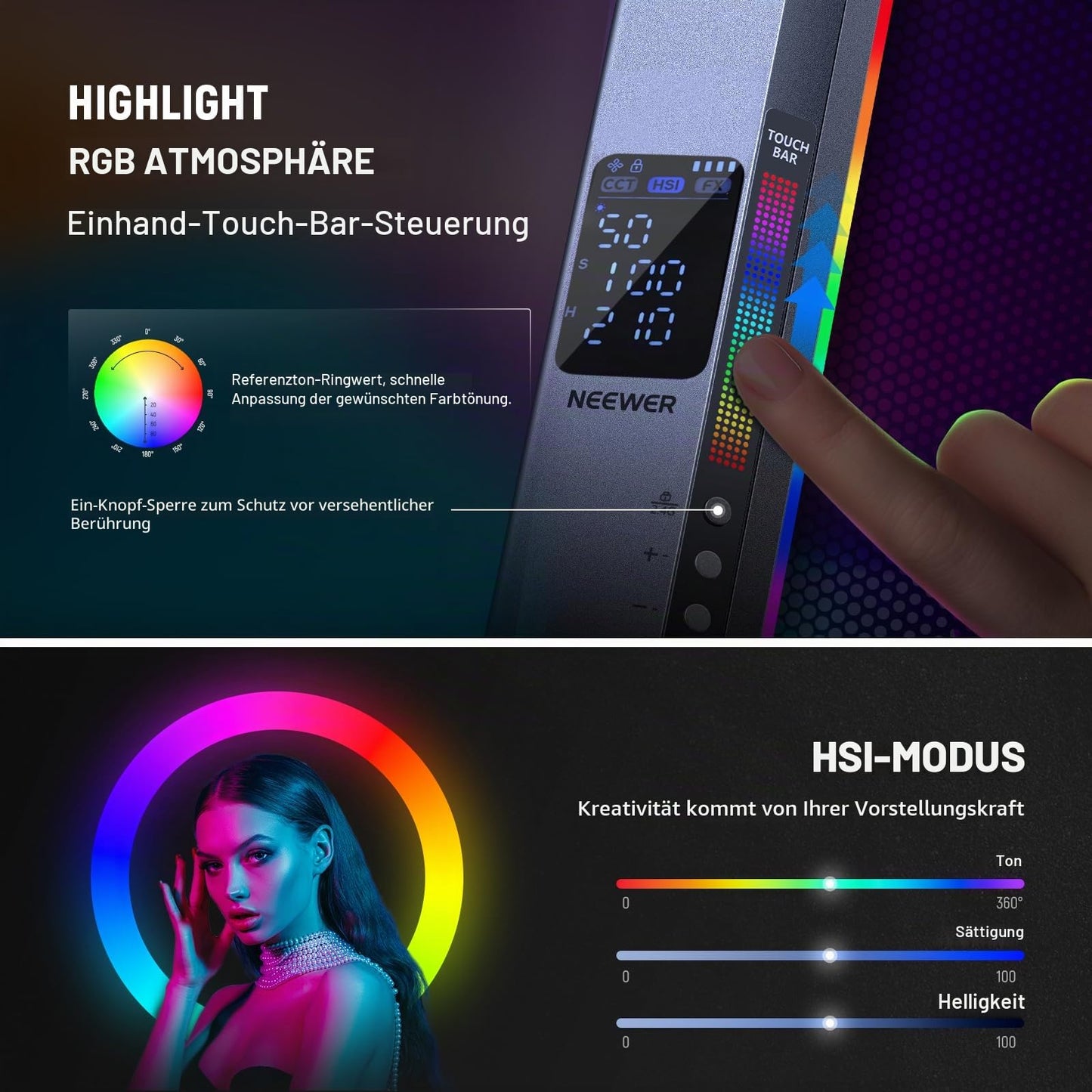 NEEWER RGB2 LED video light light stick with metal barn door handle touch bar/APP/2.4G control rechargeable magnetic RGB video light, 2500K-10000K CRI98+ dimmable photo lighting 18 scenes