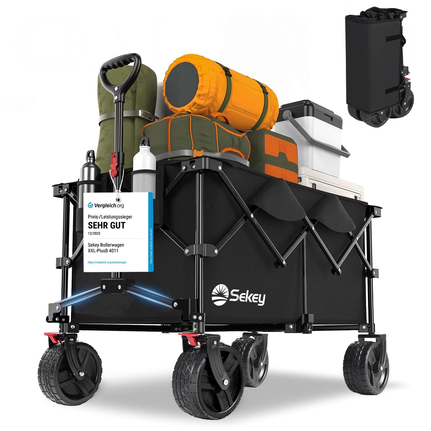 Sekey XXL Plus handcart foldable with brakes 200L 200KG load capacity, extra wide tires all terrain handcart, patented foldable from four directions, - FW21
