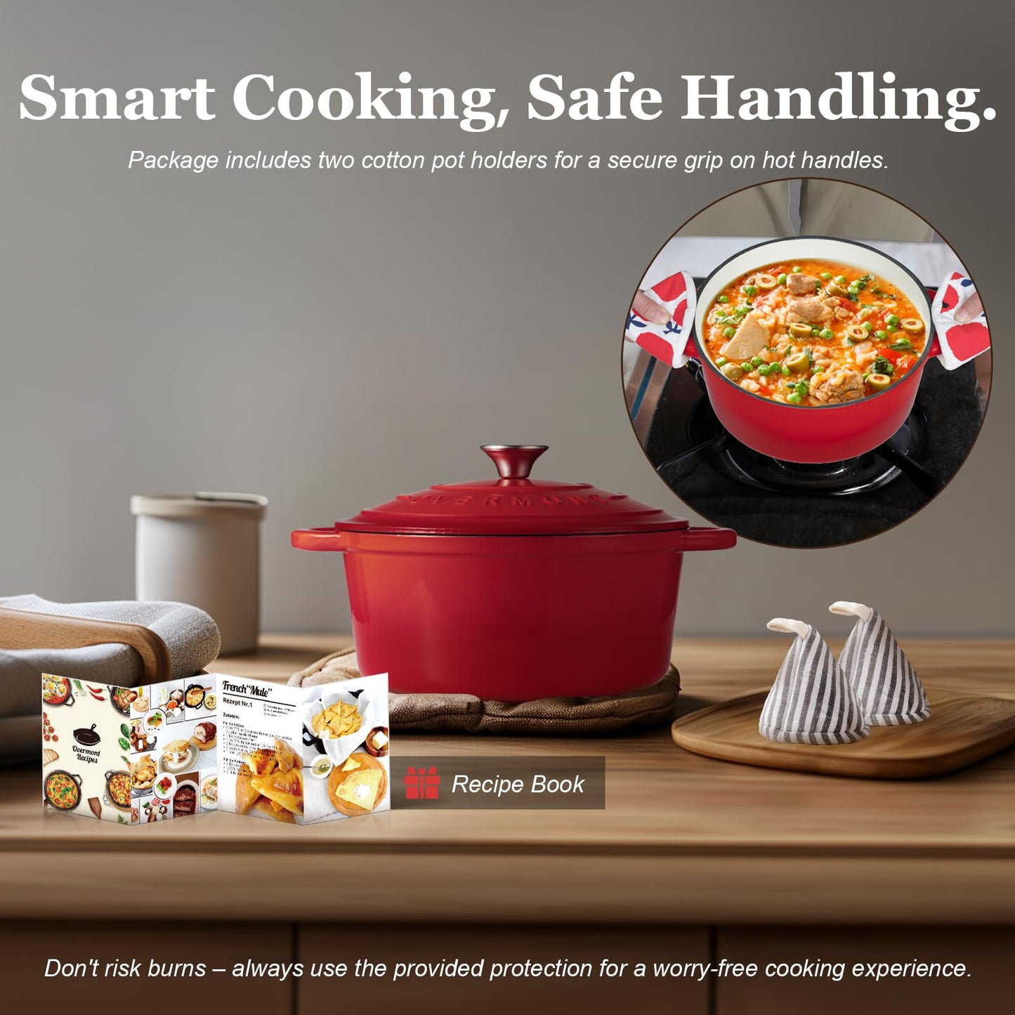 Overmont roasting pan enamel cast iron pot - casserole 28cm oven-safe - with lid and cookbook - for kitchen baking stewing roasting red - Enamelled