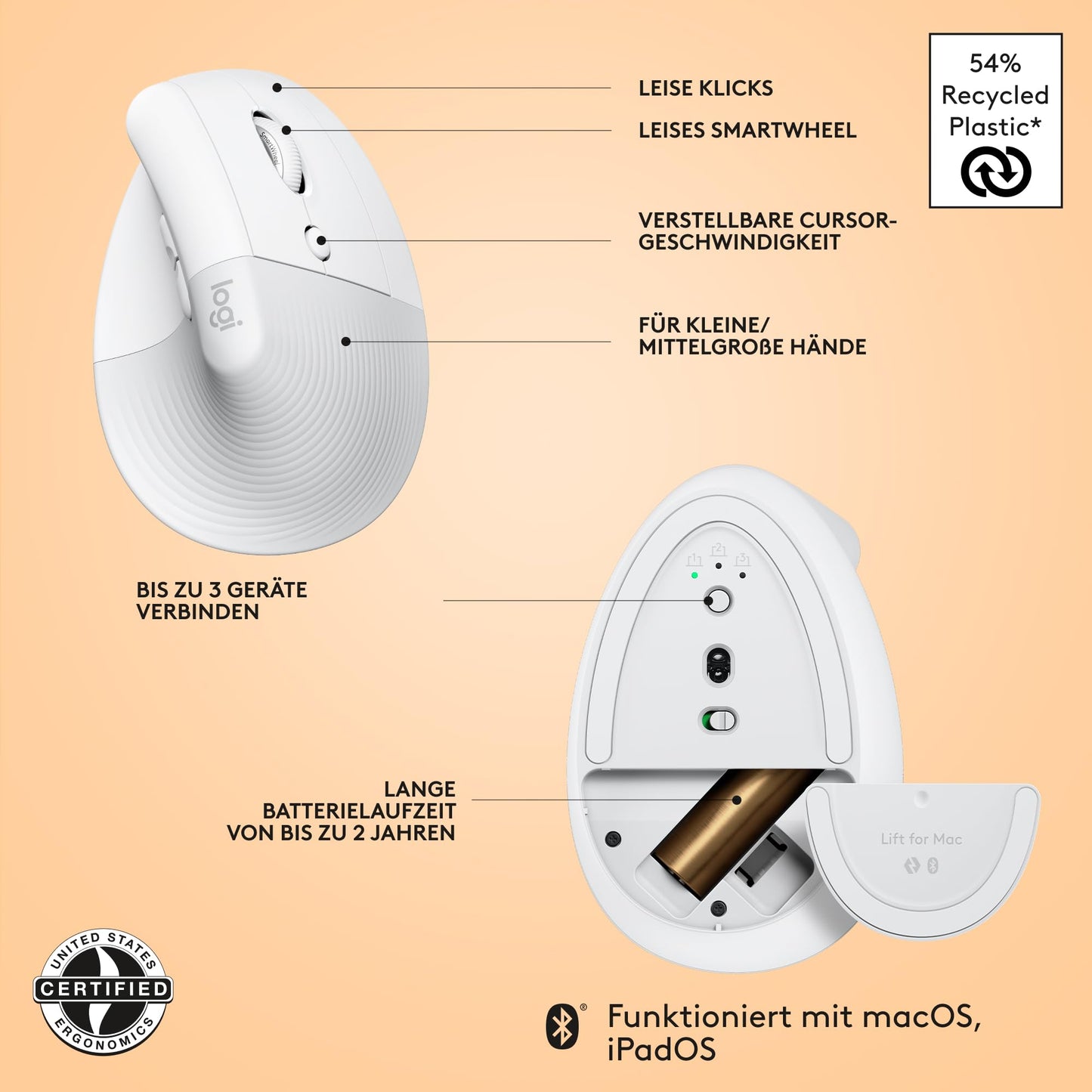Logitech Lift for Mac, Wireless Vertical Ergonomic Mouse, Bluetooth, Quiet Clicks, Quiet Smartwheel, 4 Customizable Buttons, Compatible with macOS/iPadOS/MacBook/iMac/iPad - White - 910-006477