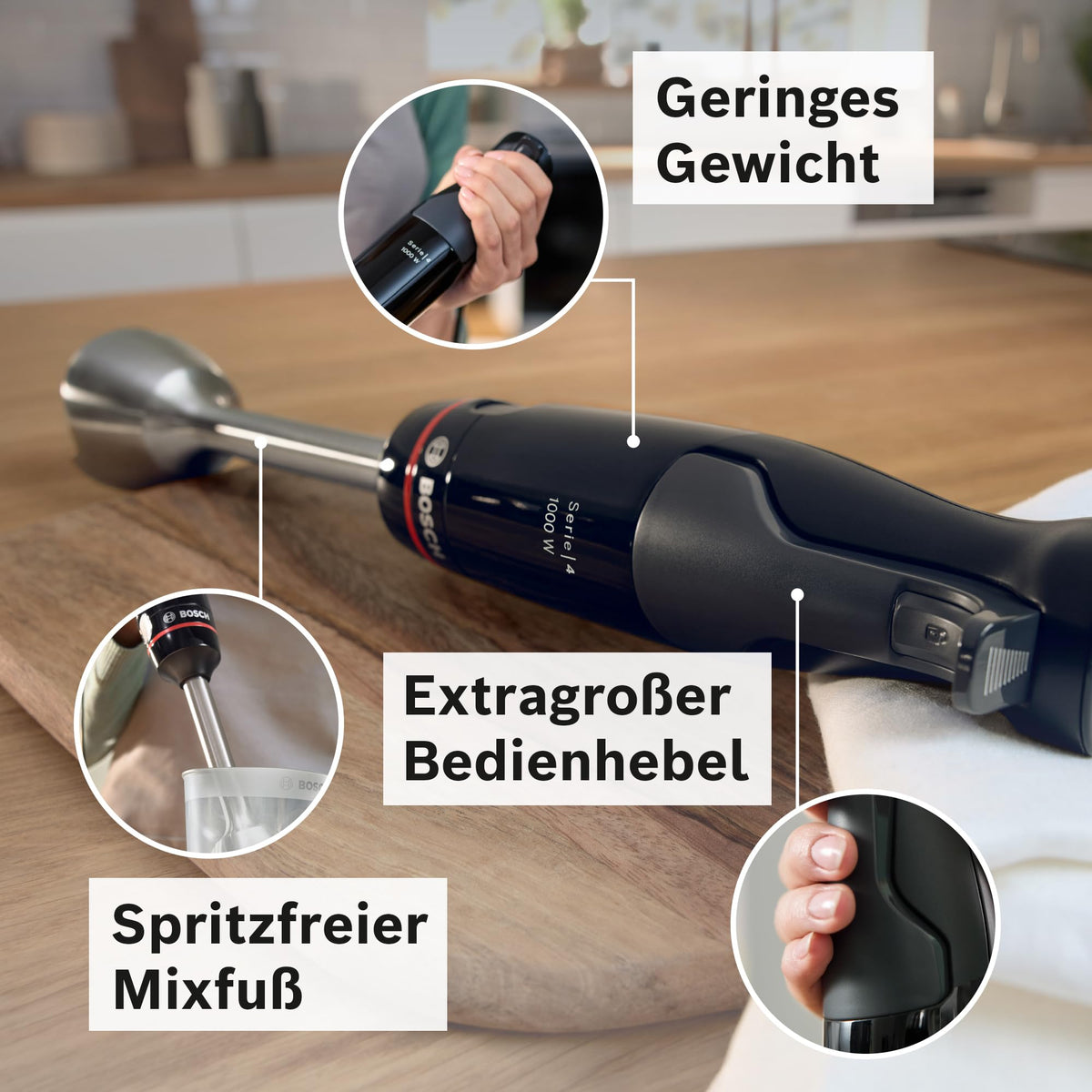 Bosch ErgoMaster Series 4 Hand Blender, with chopper, mixing/measuring cup, stainless steel blades, durable, wear-free ceramic coupling, 1000 Watts, black, MSM4B620