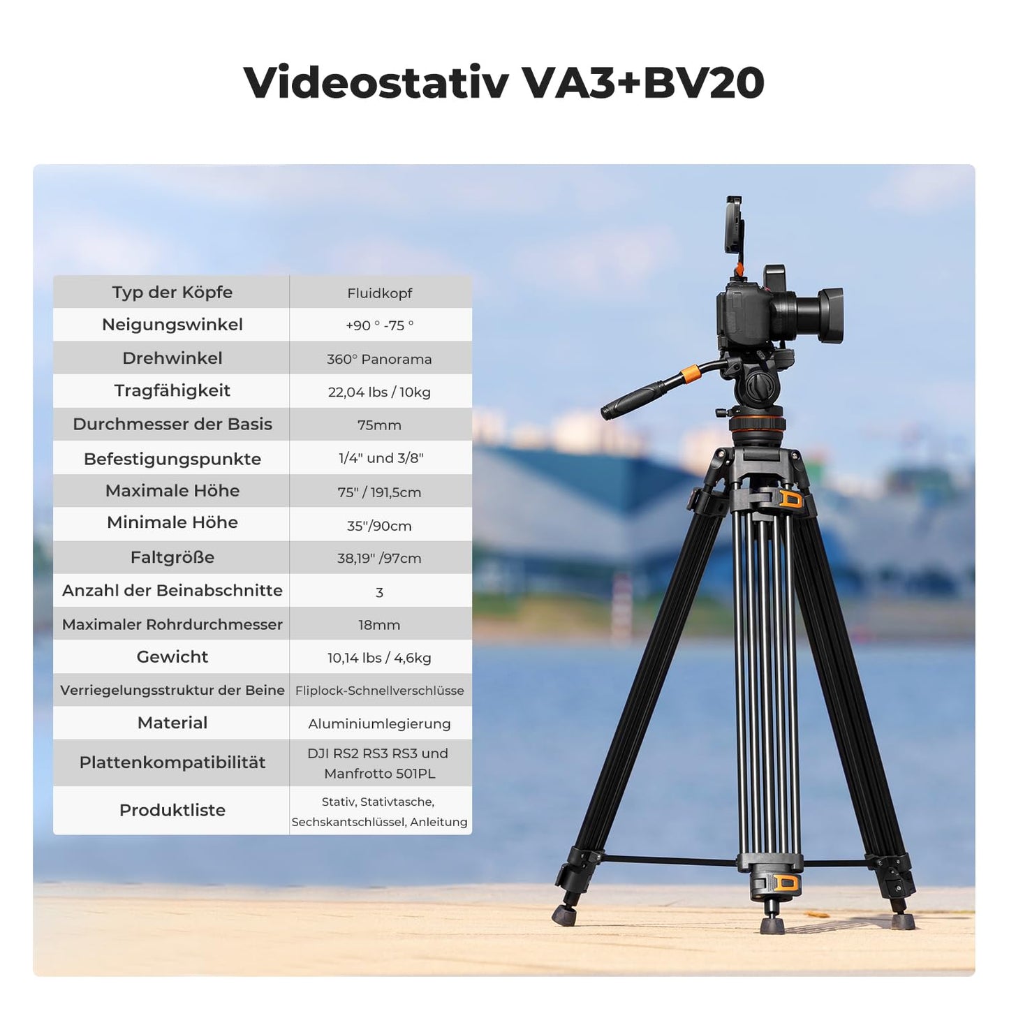 Video tripod, K&F Concept VA3+BV20 aluminum black camera tripod, with 360° fluid head, 191cm video tripod, compatible with Canon Nikon Sony and other DSLR, camcorders, cameras, 10kg load capacity - KF09.148