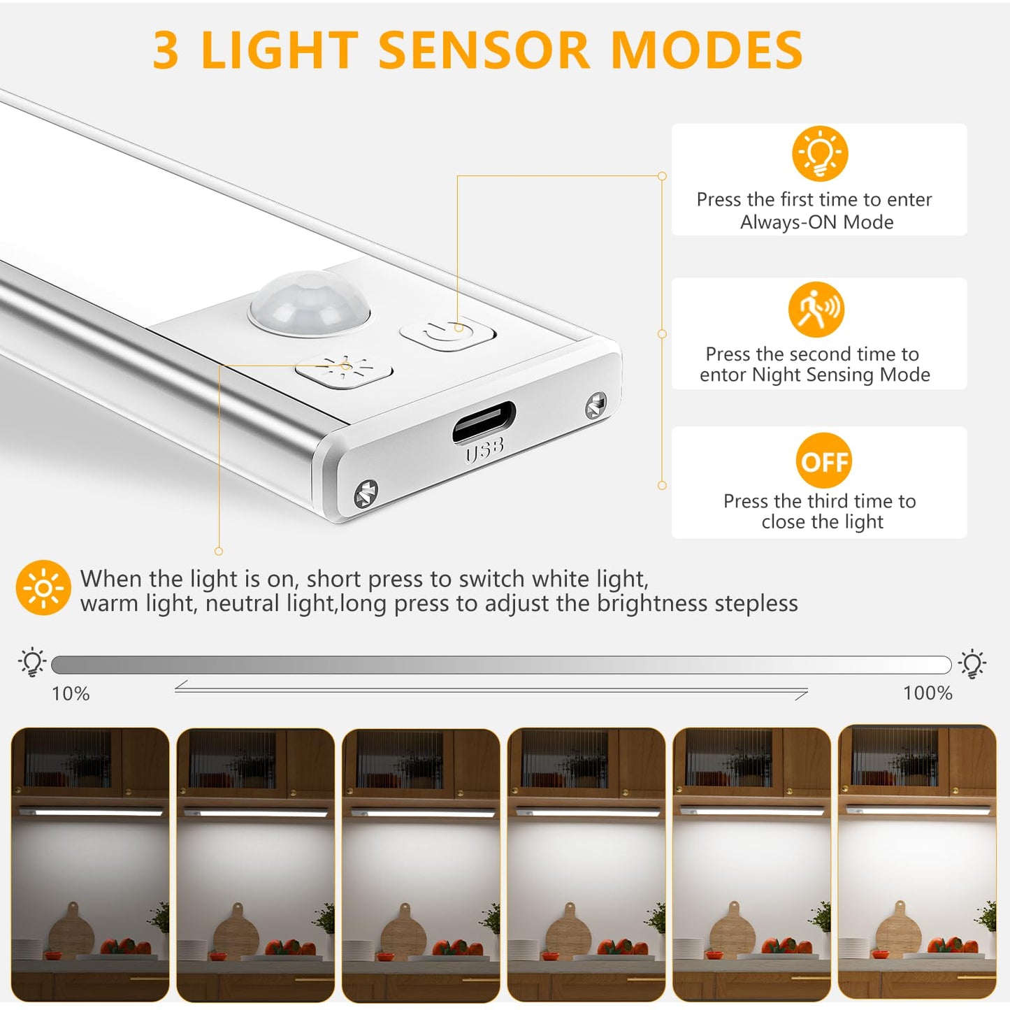 OUILA Under-Unit Light Kitchen LED 31CM Cabinet Lighting with Motion Sensor 3 Color Modes Dimmable Cabinet Light LED USB-C Rechargeable Light Strip for Kitchen Wardrobe Stairs Cupboard Pack of 2 - GLS-C016