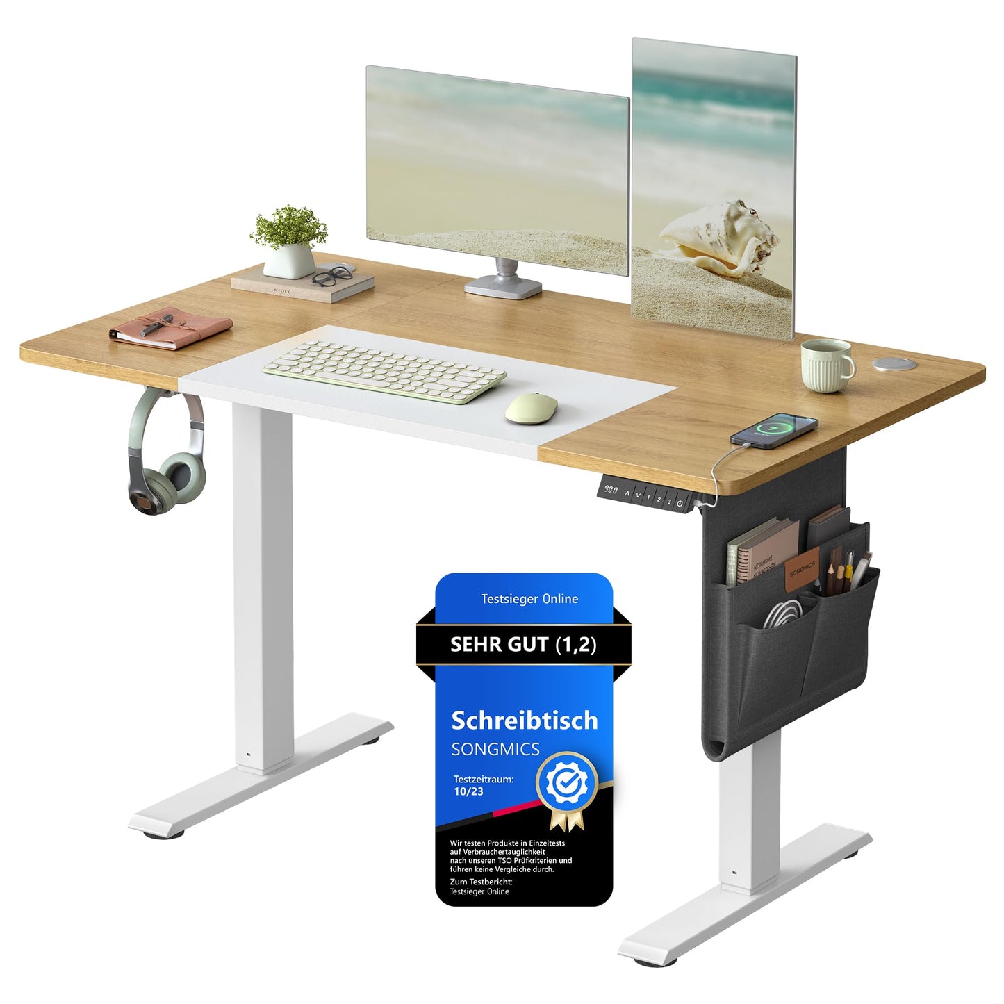 SONGMICS Electric height-adjustable desk, 120 x 60 cm, infinitely adjustable, memory function with 4 heights, natural oak color-matt white LSD015N01