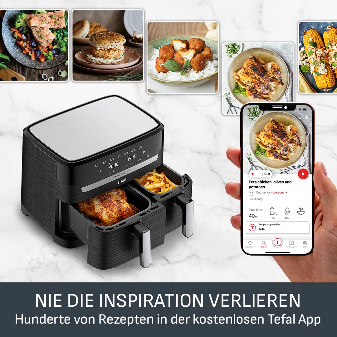 Tefal Dual Easy Fry hot air fryer 8.3 L - air fryer with 2 chambers & XL drawer, 7 programs, 2700 W, extra crisp technology, low-fat frying & energy saving, dishwasher safe EY9018