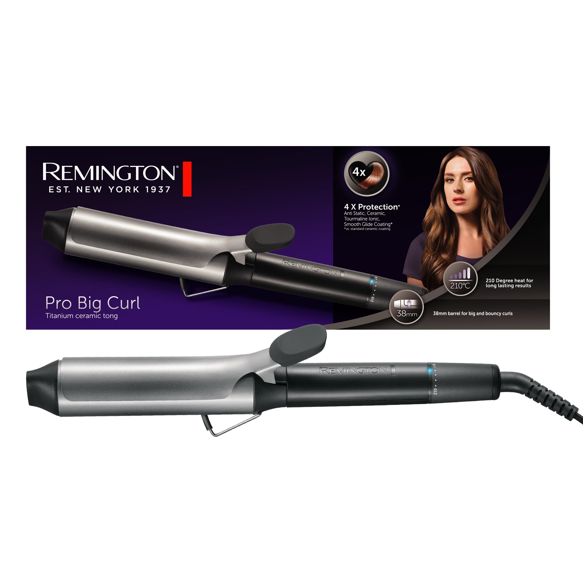 Remington curling iron large curls [38mm] Pro Big Curl (4-fold protection, anti-static ceramic tourmaline coating) digital display up to 210°C, with clamp, natural waves, black, CI5538