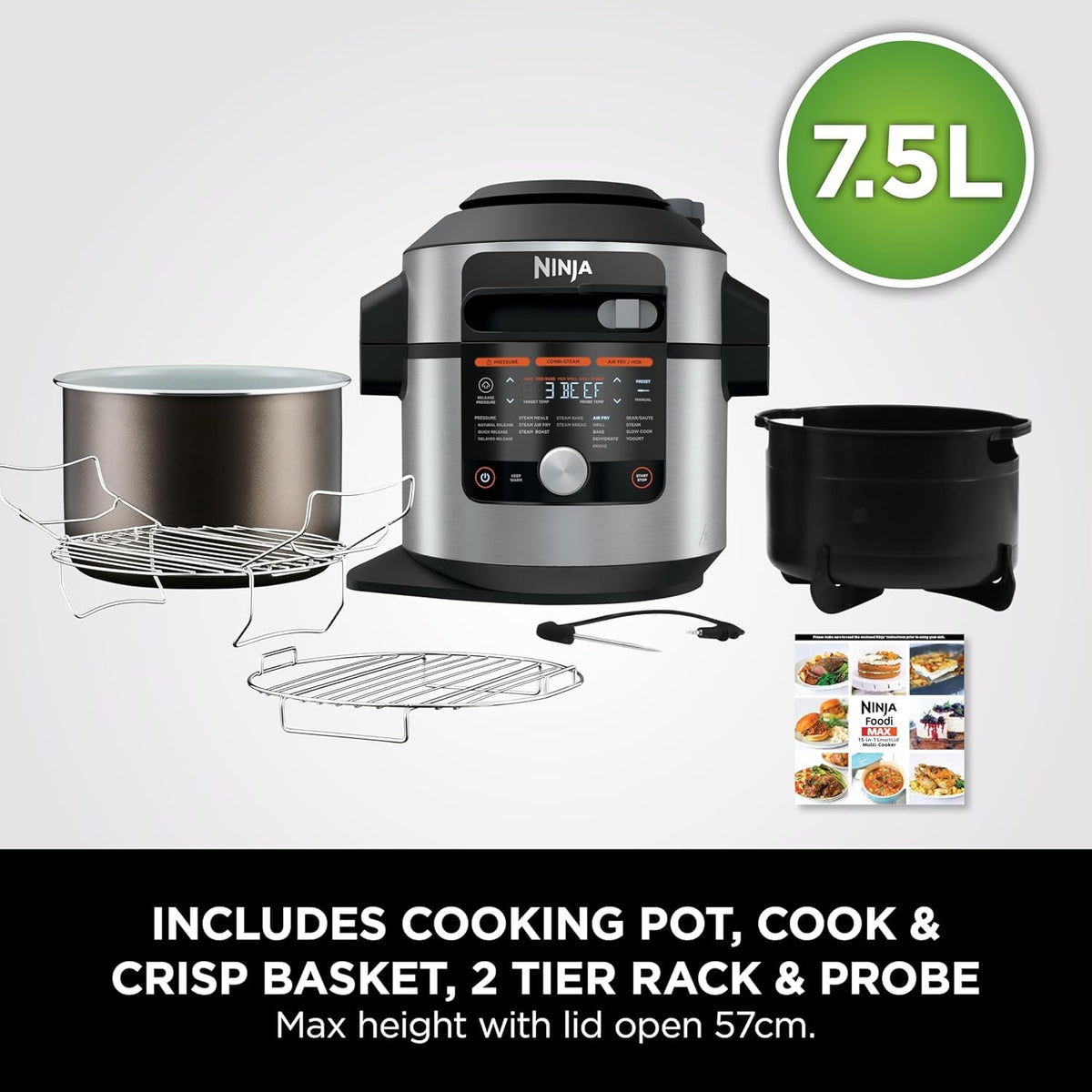 Ninja Foodi MAX Multicooker with Smart Lid, 7.5L, 14-in-1 Multicooker, Pressure Cooker, Air Fryer, Slow Cooker, digital temperature probe, stainless steel, OL750EU