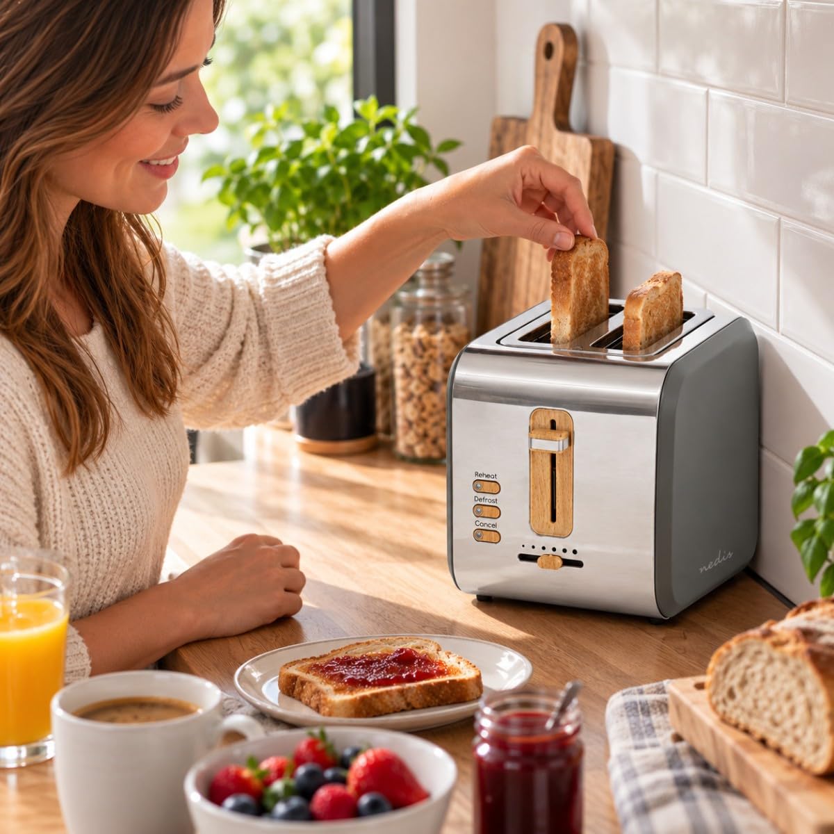 Nedis Soft Touch Toaster for 2 slices of toast, bagels, or muffins – With 6 browning levels, reheat, defrost, and cancel functions – Gray - KABT510EGY
